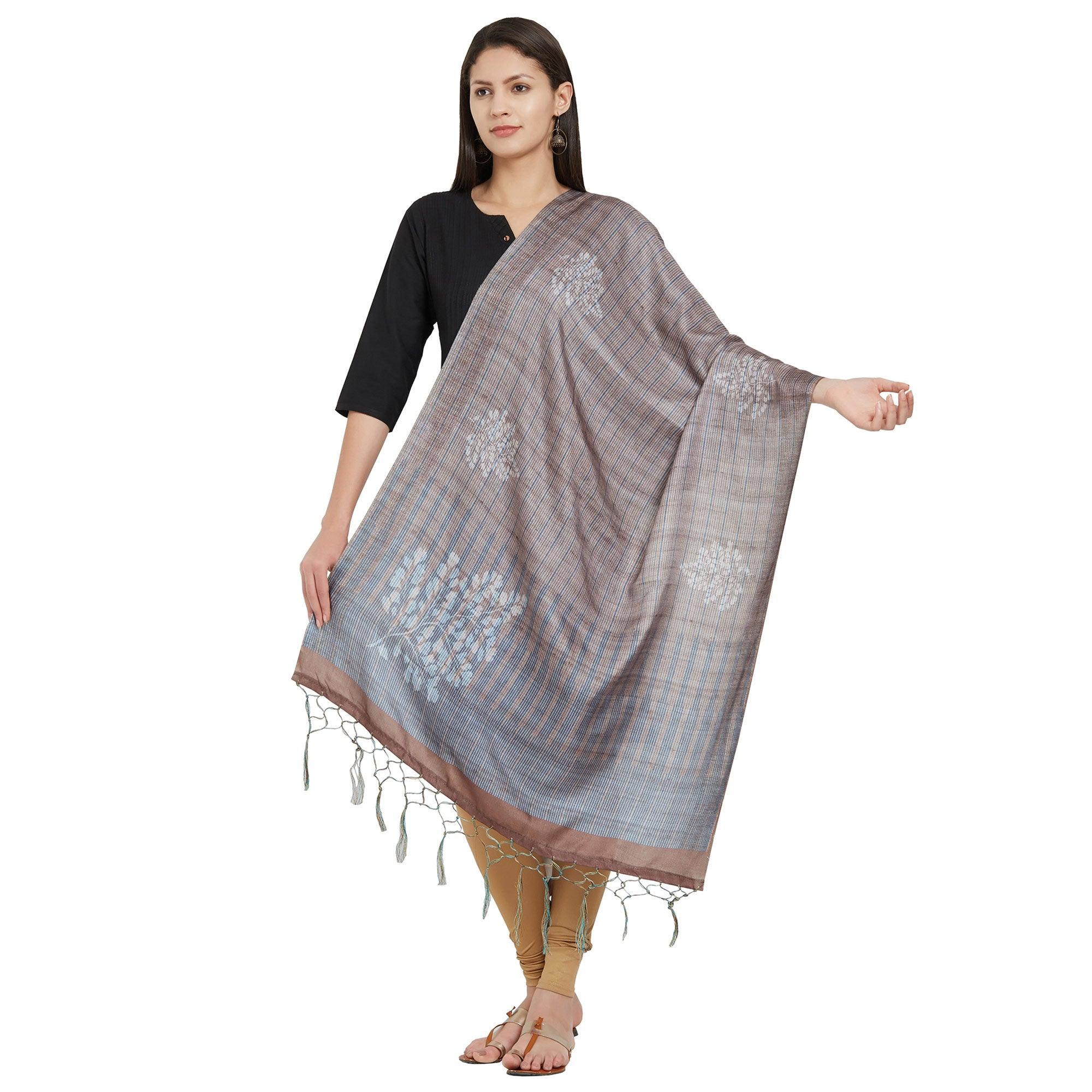 Peachmode Seller Flattering Gray Colored Casual Printed Pashmina Silk Dupatta