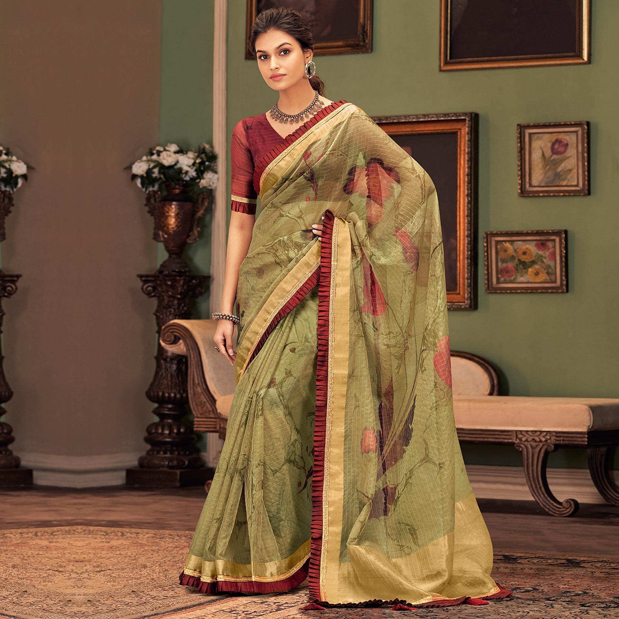 Peachmode Fantastic Green Colored Festive Wear Printed And Woven Border Silk Saree