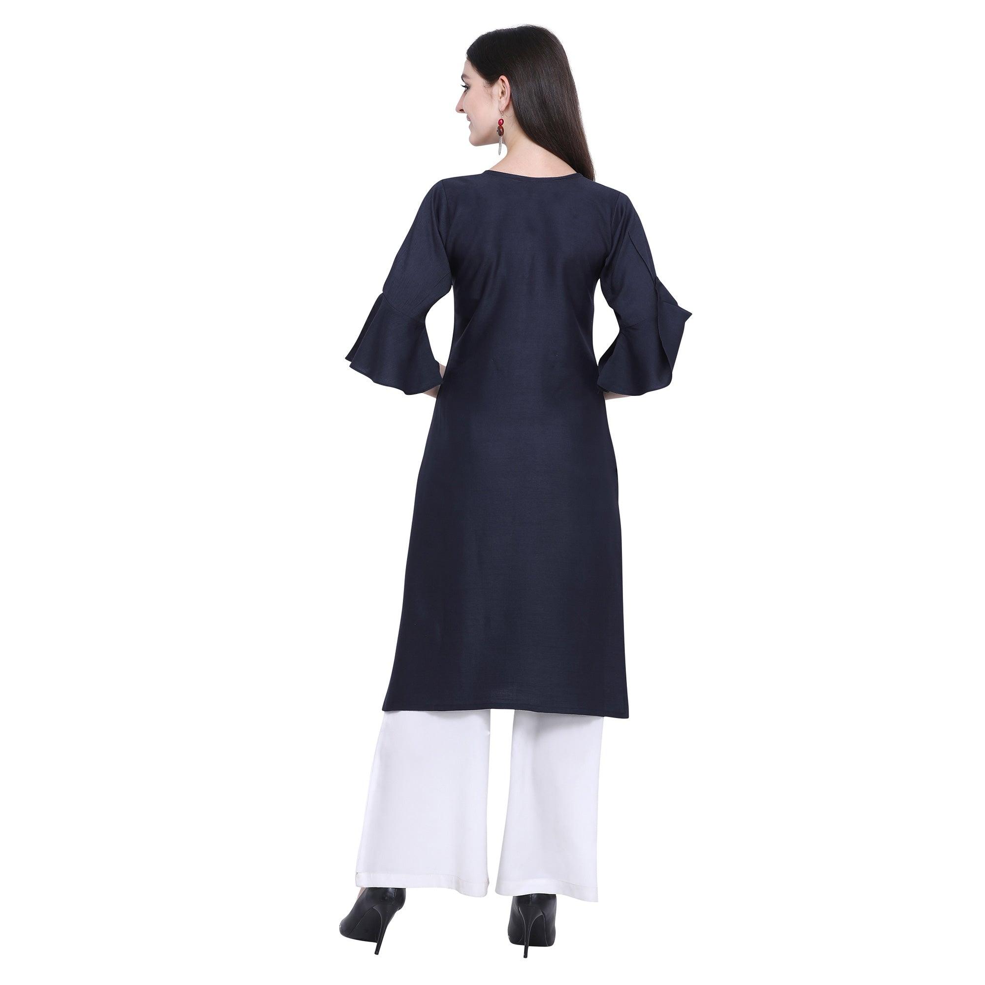 Peachmode Seller Exotic Navy Blue Colored Casual Wear Embroidered Rayon Kurti-Palazzo Set - view 2