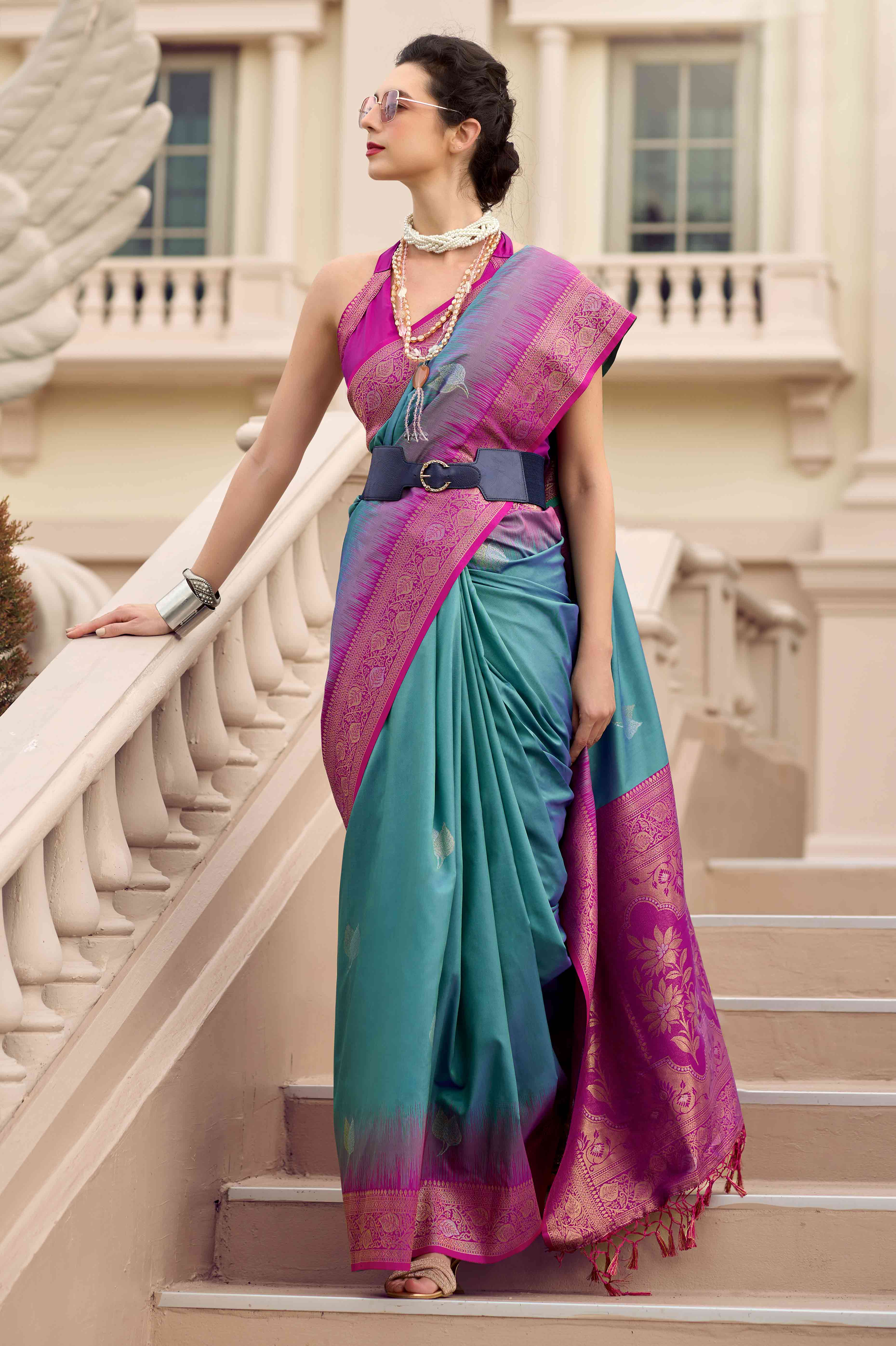 Peachmode Dusty Teal Zari Weaving Pure Silk Saree