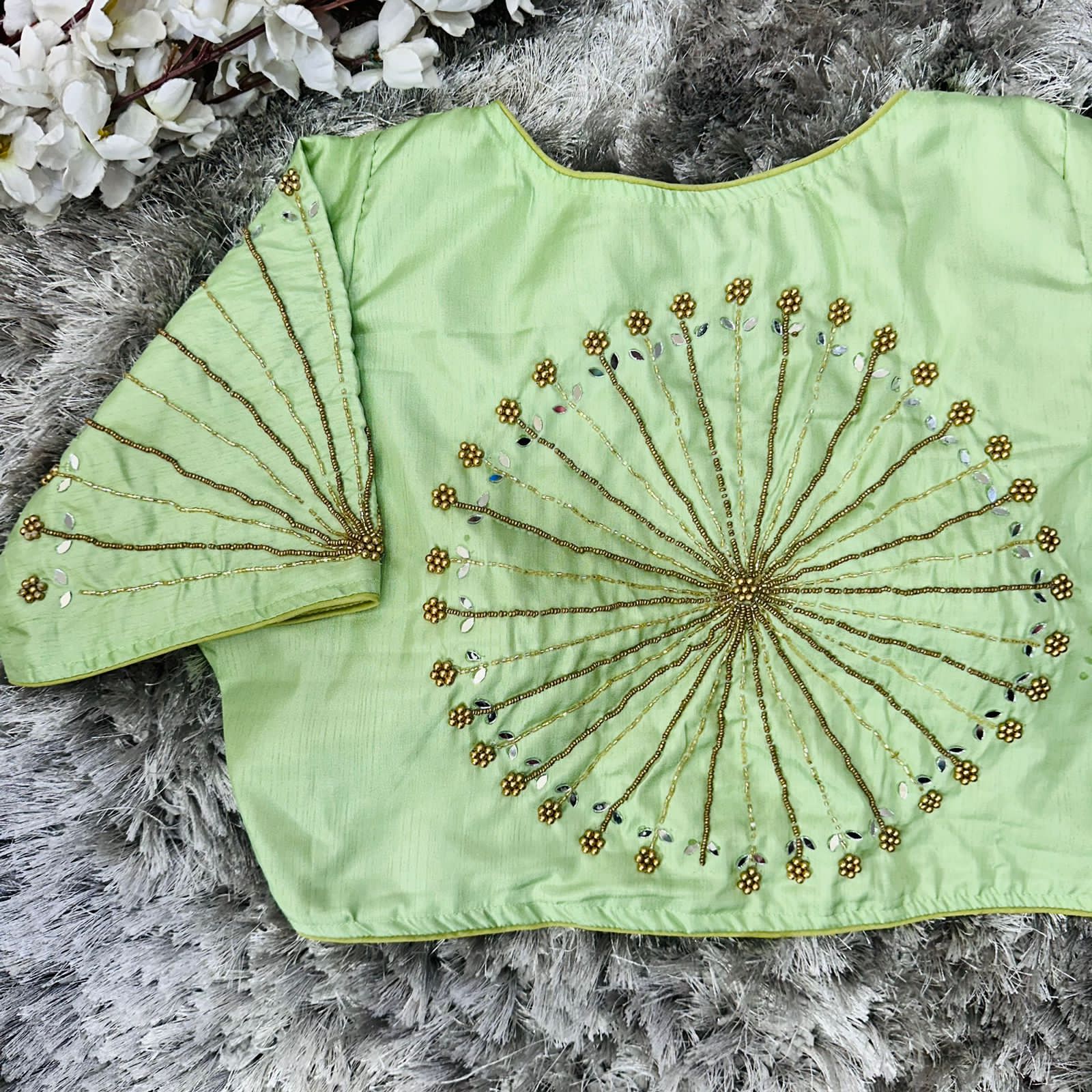 ClothsVilla Light Green Handcrafted tumtum silk Golden Blouse with Ambla Mirror Accents - view 2
