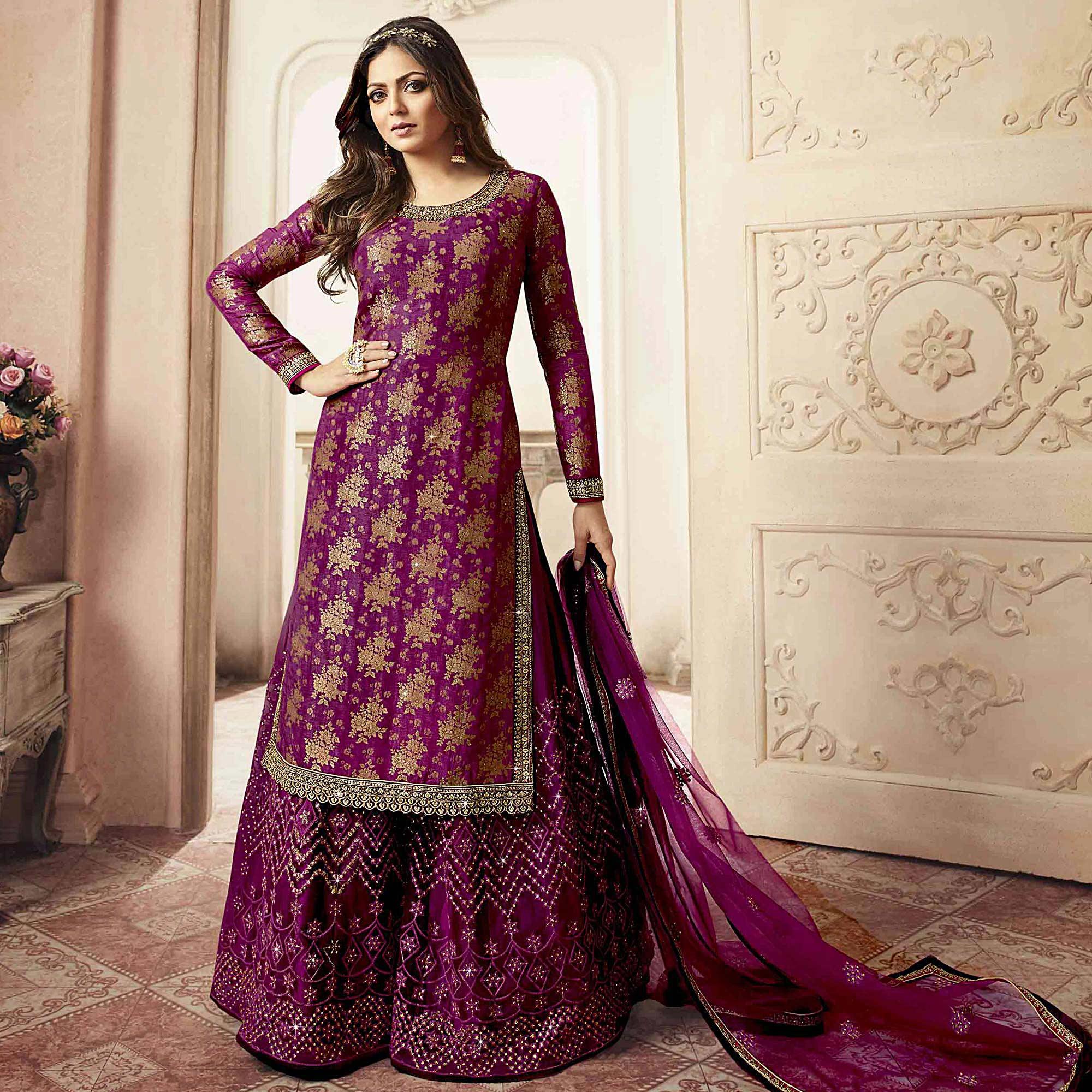 Peachmode Breathtaking Purple Colored designer Partywear Embroidered Dola Jacquard Palazzo Suit