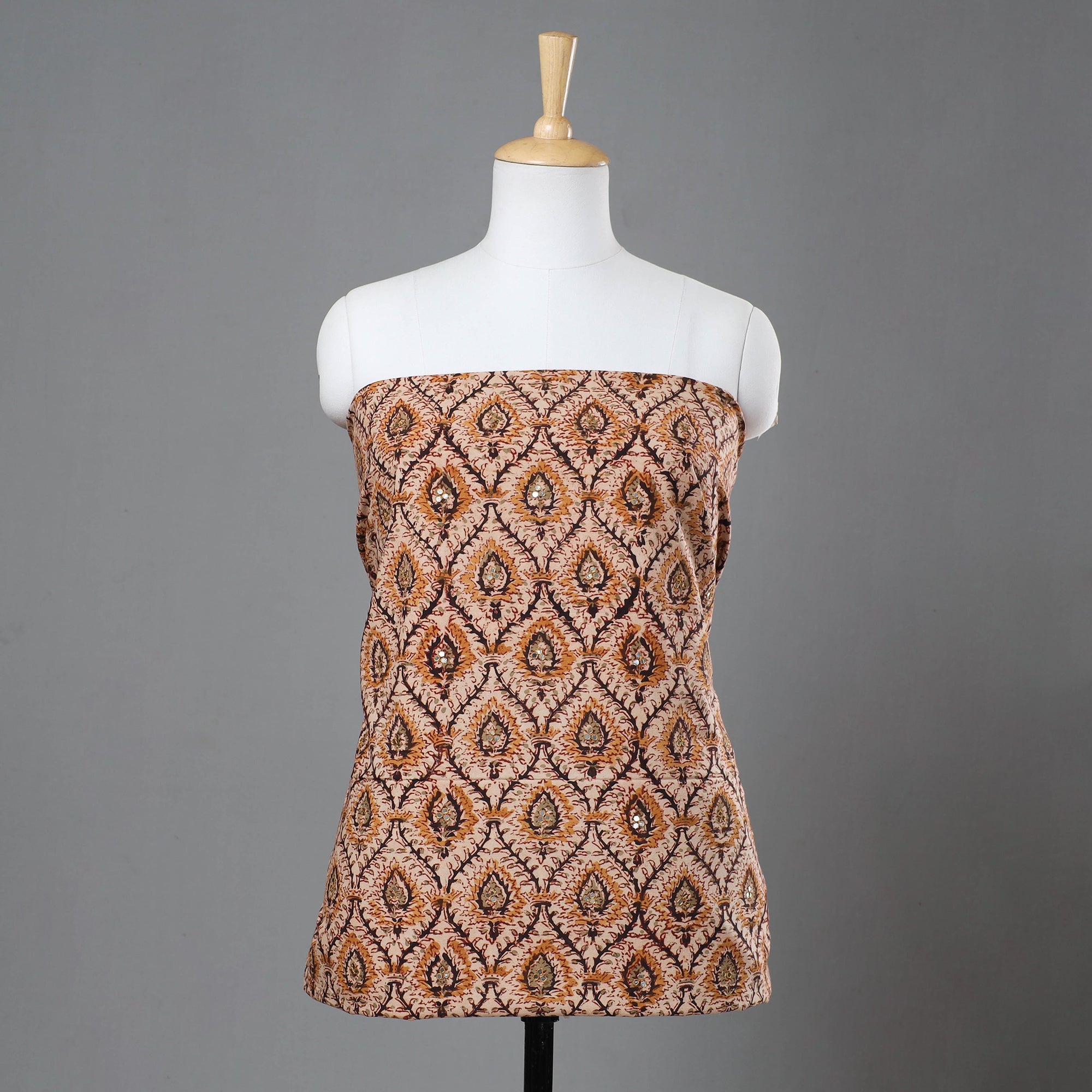 NOORI BAZAR Brown - Kalamkari Block Printed Sequin Work Cotton Kurta Material - 3 Meter