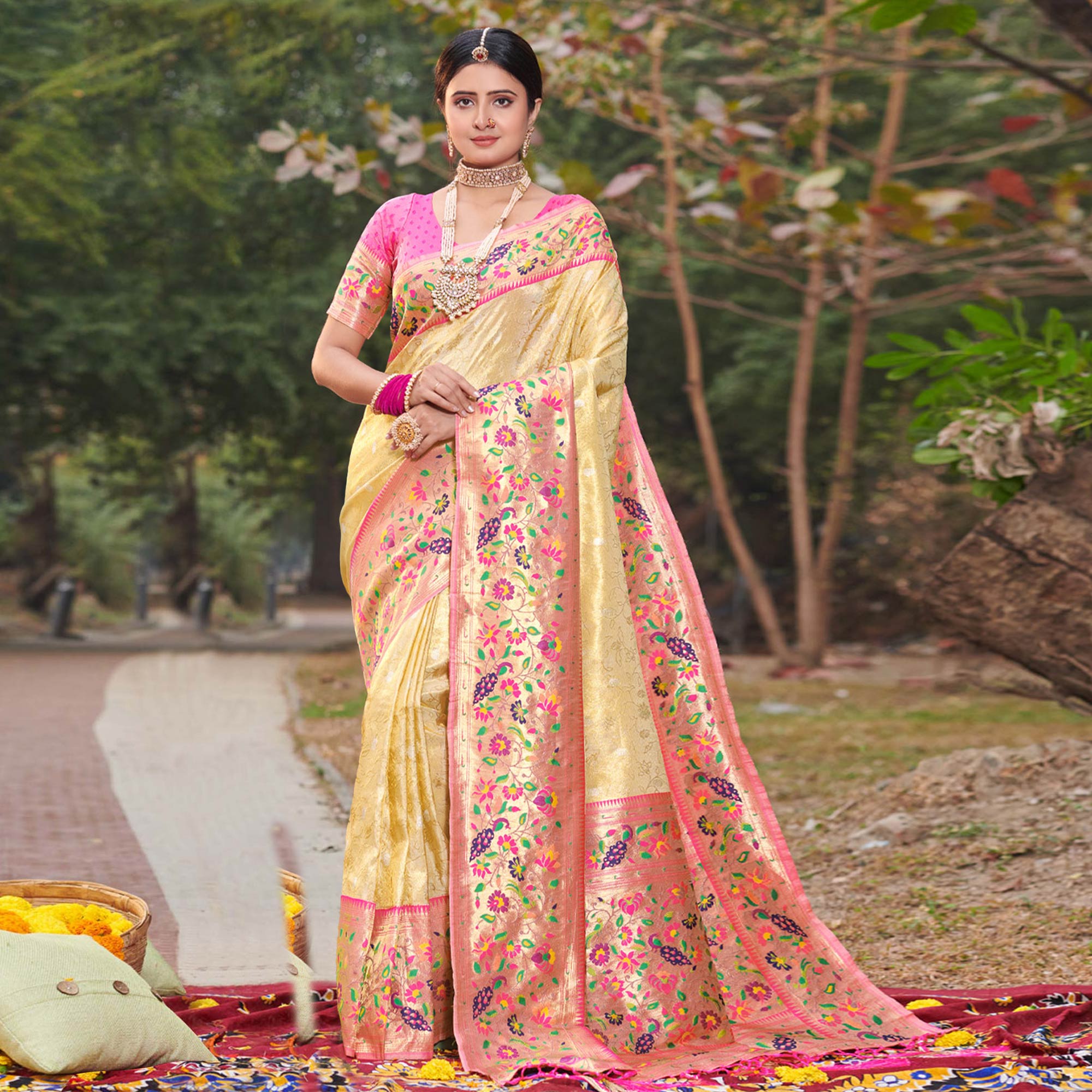 Peachmode Cream Woven Art Silk Paithani Saree With Tassels