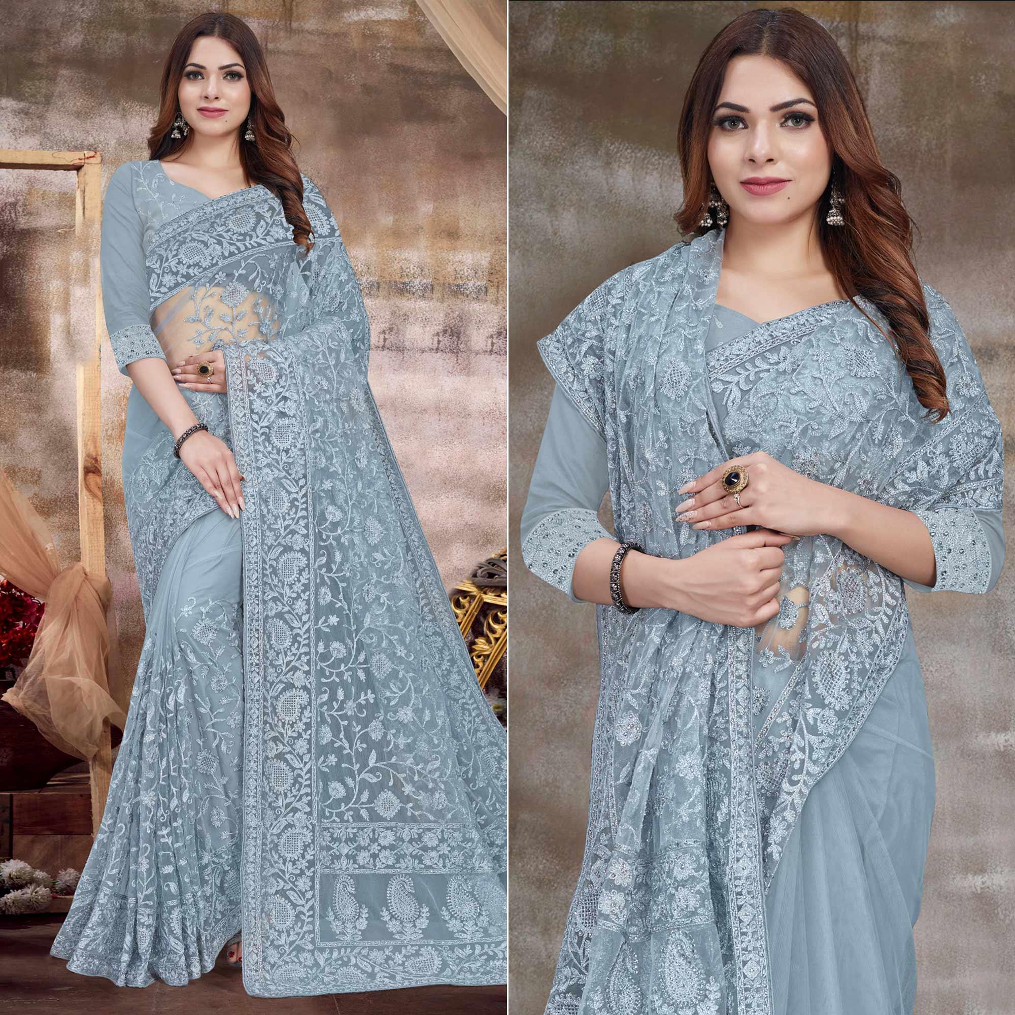 Peachmode Grey Partywear Embroidery With Embellished Net Saree