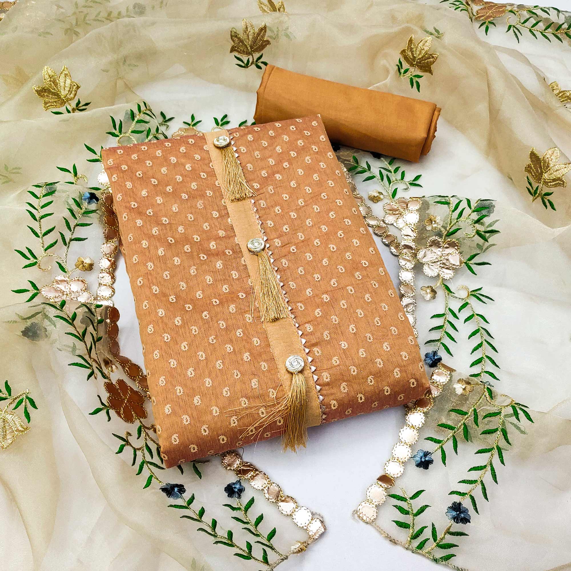 Peachmode Light Orange Printed Chanderi Dress Material