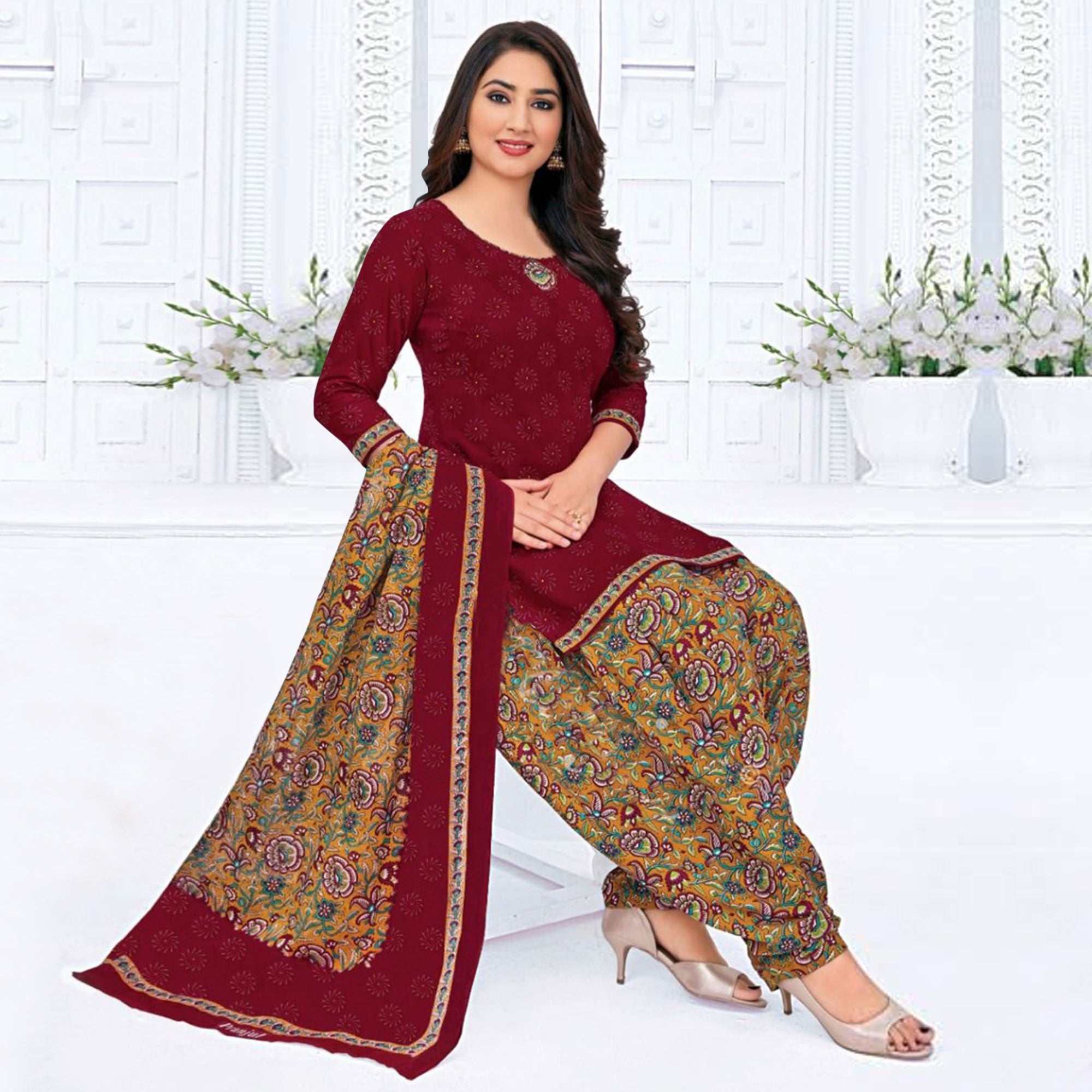 Peachmode Maroon Printed Crepe Patiala Dress Material