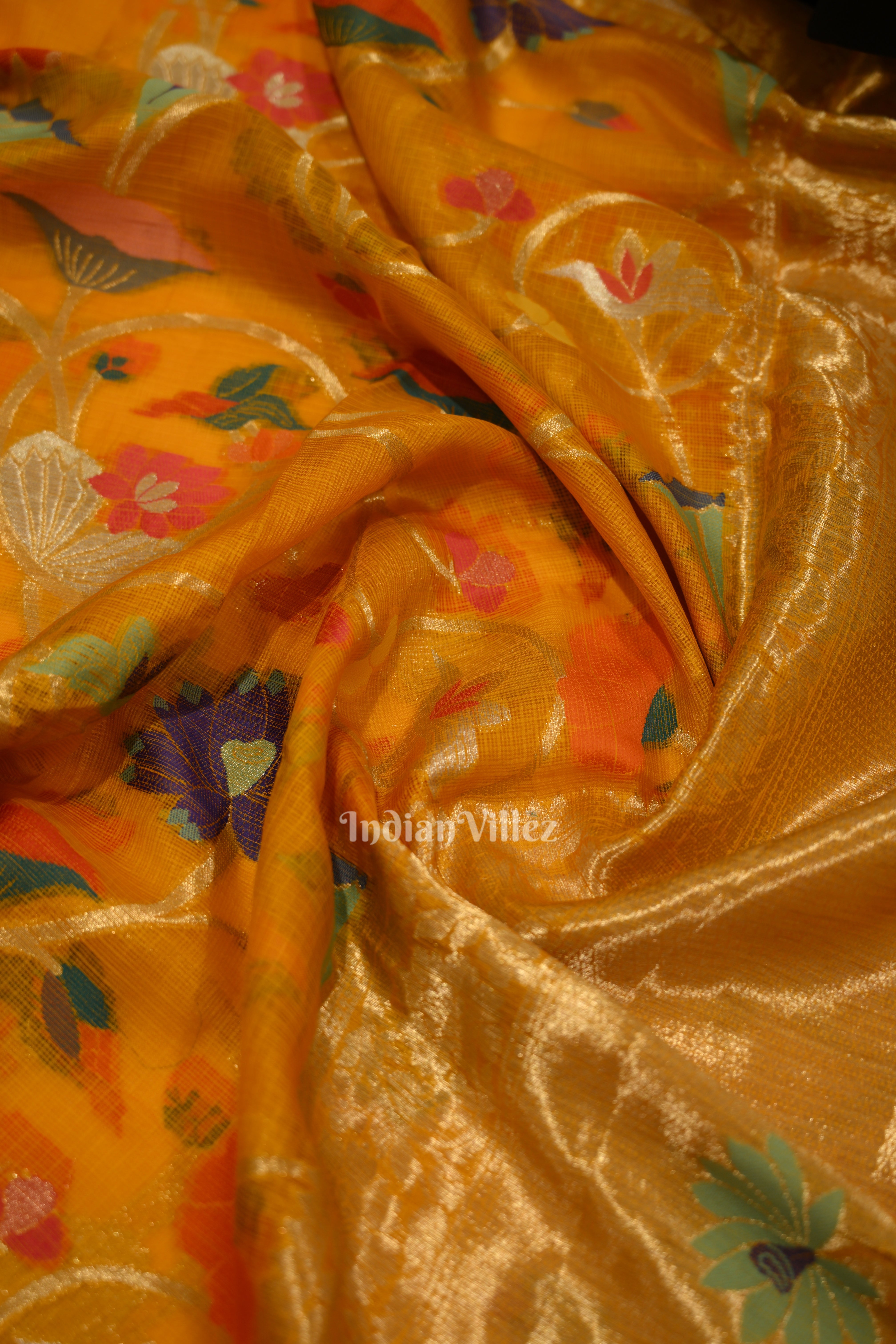 IndianVillèz Yellow Pure Jamdani Banarasi Kota Silk Saree - view 2
