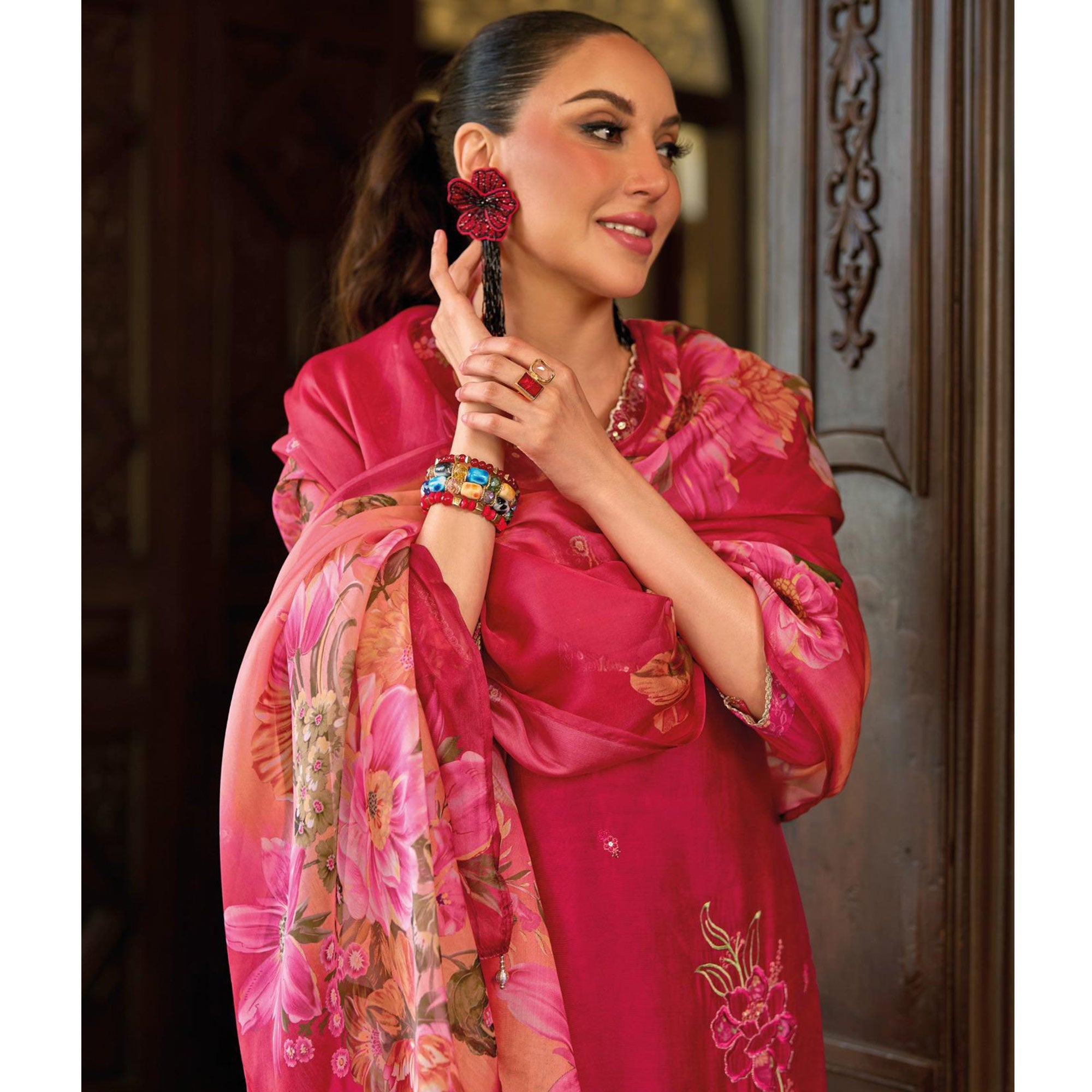 Peachmode Pink Floral Handwork Embroidered Viscose Salwar Suit - view 5