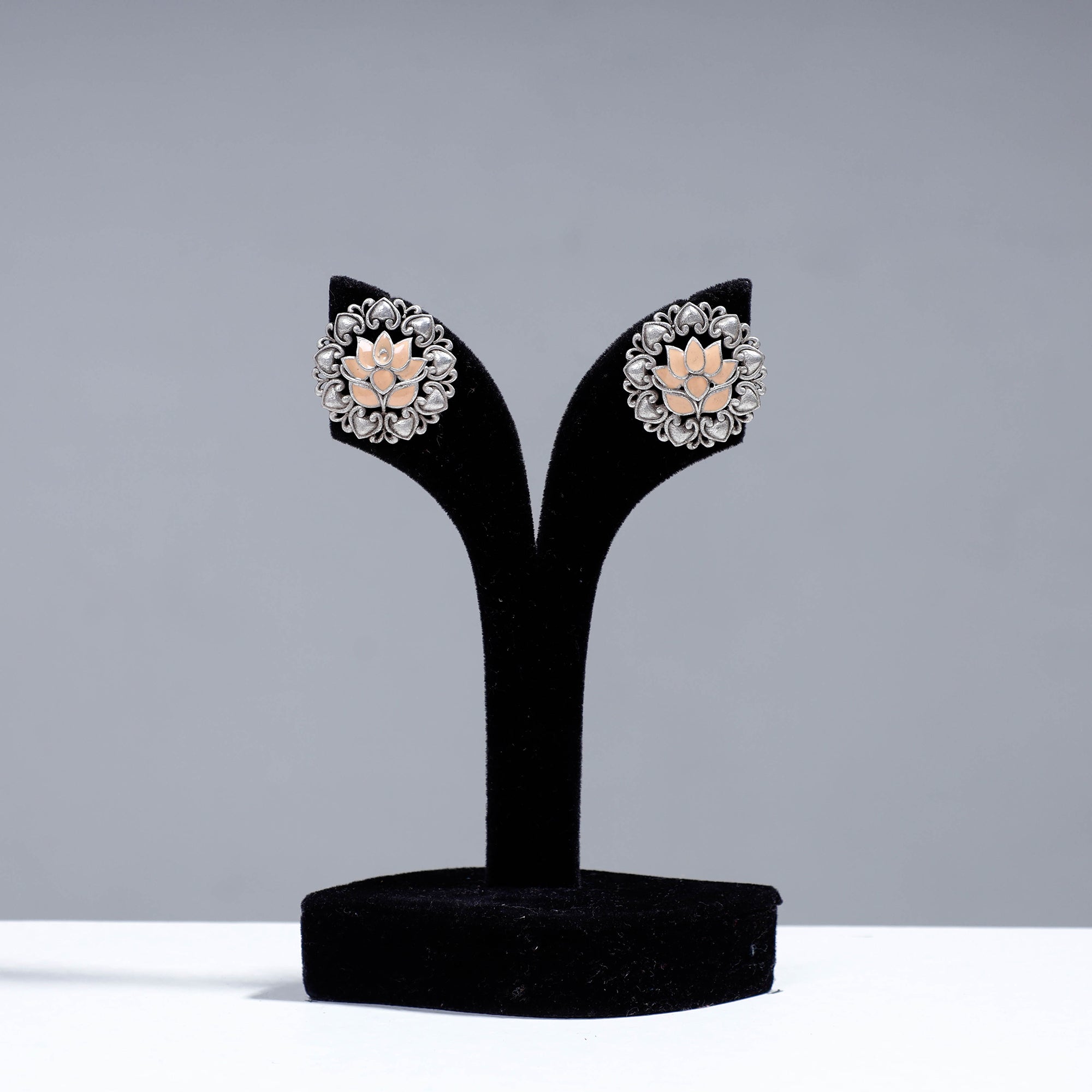 WHITE RIVER STORIES Antique Silver Finish Oxidised Brass Base Enamel Work Stud Earrings