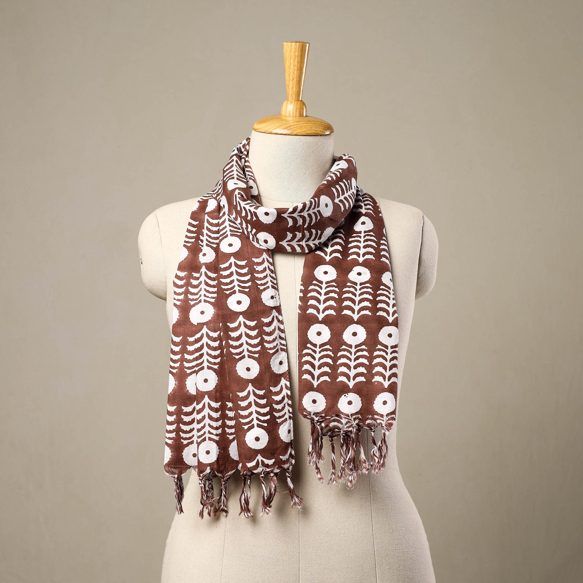 HAVELI CHRONICLES Brown - Block Print Cotton Sanganeri Stole with Tassels 110