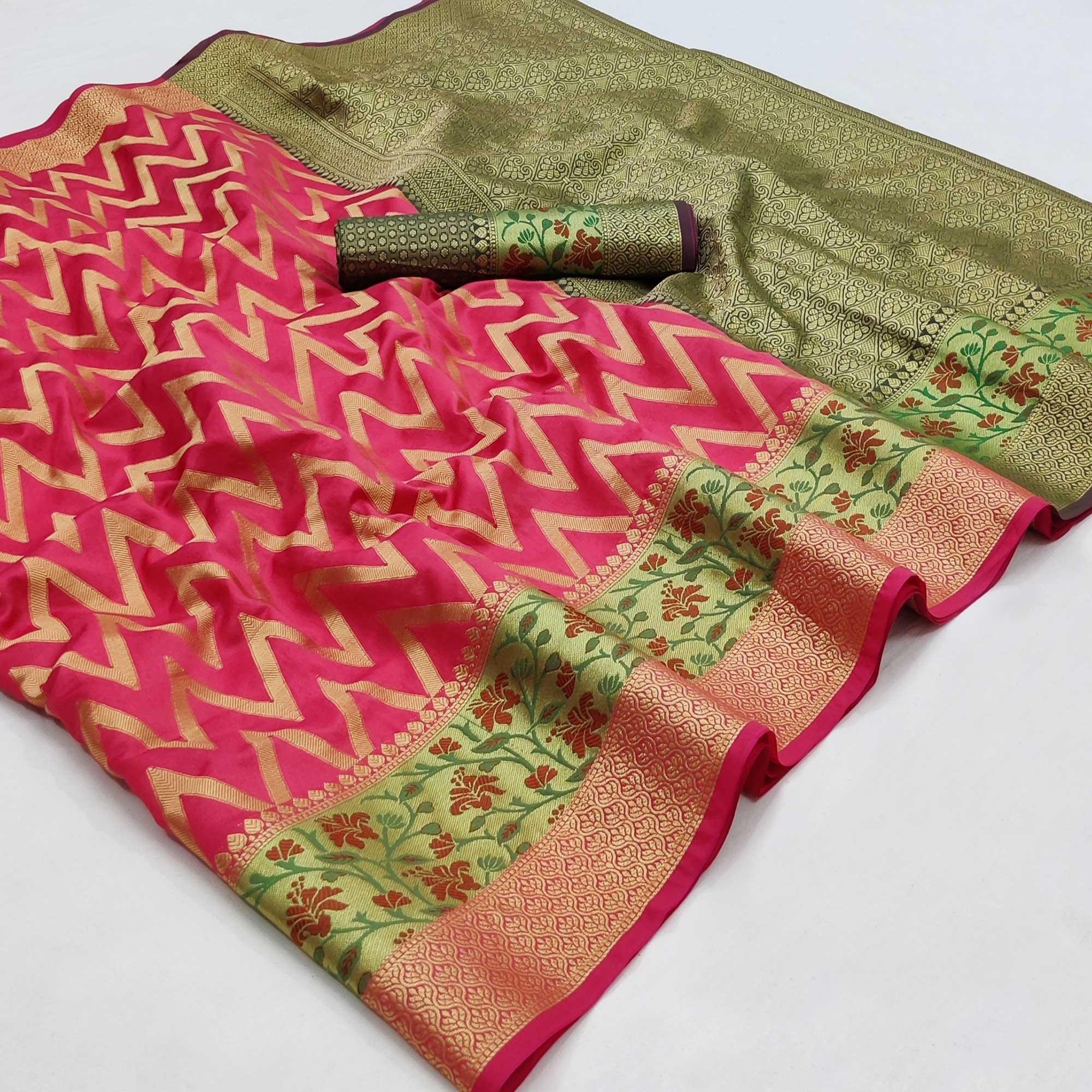 Peachmode Gajri Pink Festive Wear Floral Woven Silk Saree - view 2