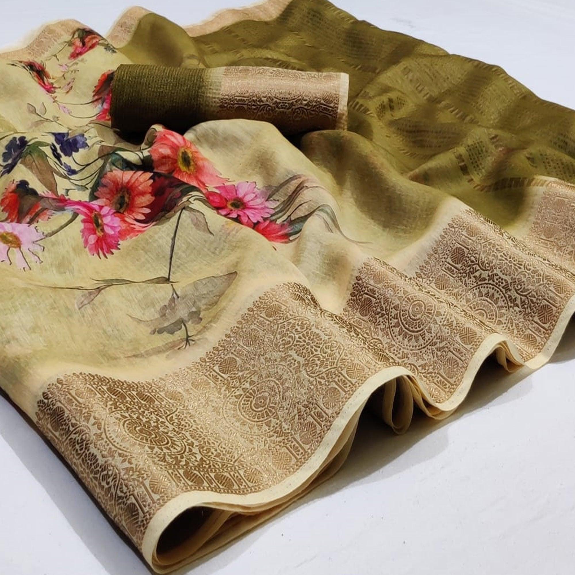 Peachmode Breathtaking Beige Colored Festive Wear Woven Banarasi Silk Saree