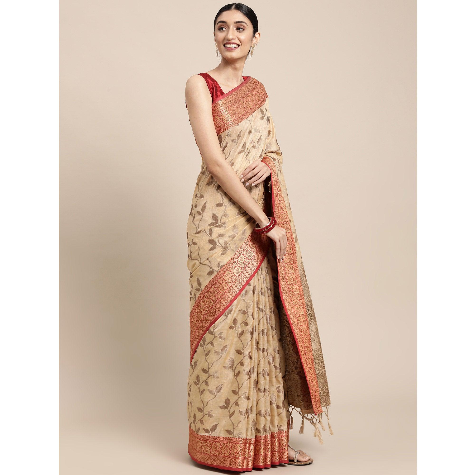 Peachmode Chikoo Woven Cotton Silk Saree With Tassels - view 6