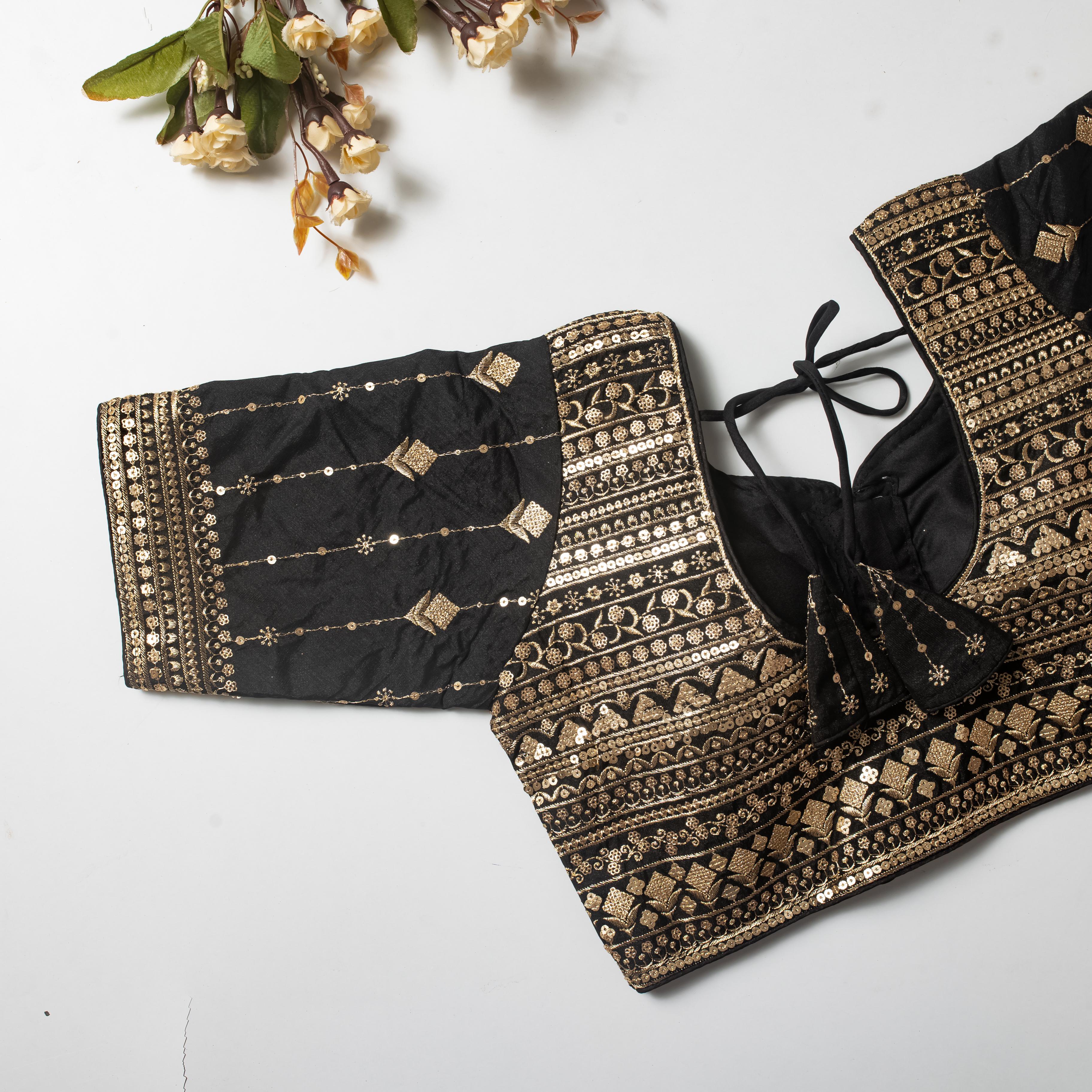 ClothsVilla Black Golden Embroidered Vibrant Silk Blouse with Sequins