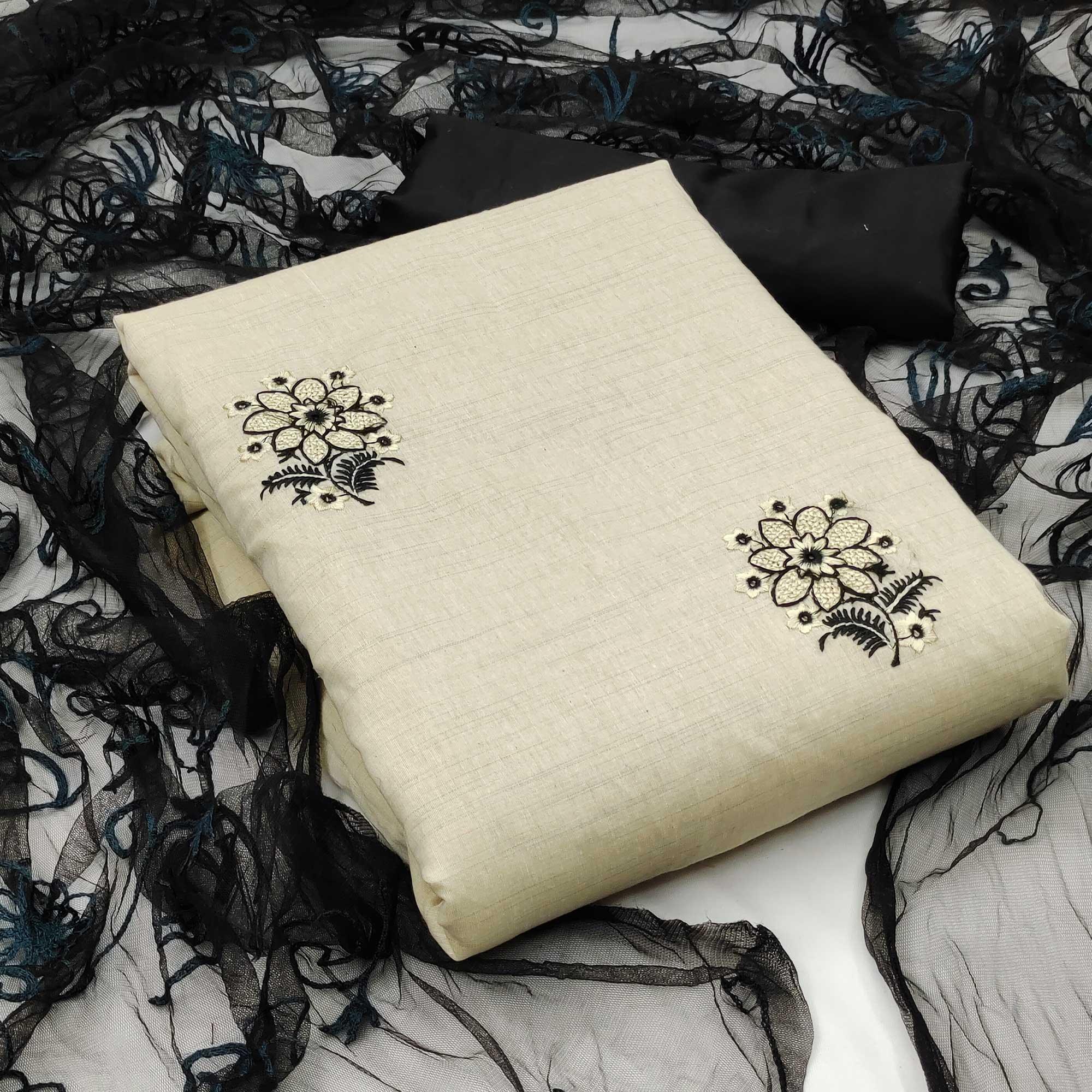 Peachmode Cream - Black Casual Wear Floral Embroidered Cotton Dress Material