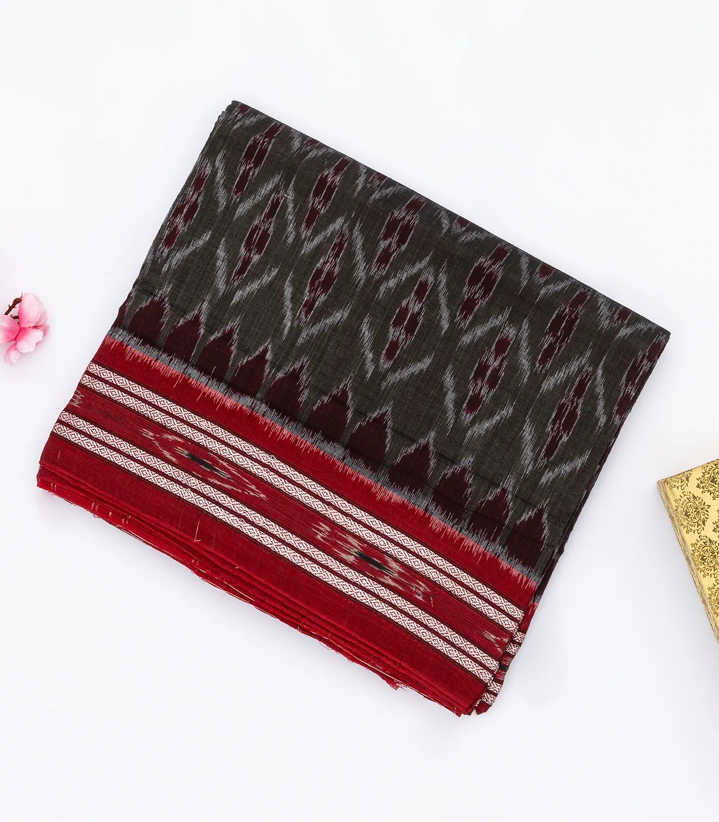 RmKV Black Orissa Cotton Saree With Tie & Dye Motifs & Contrast Crimson Border