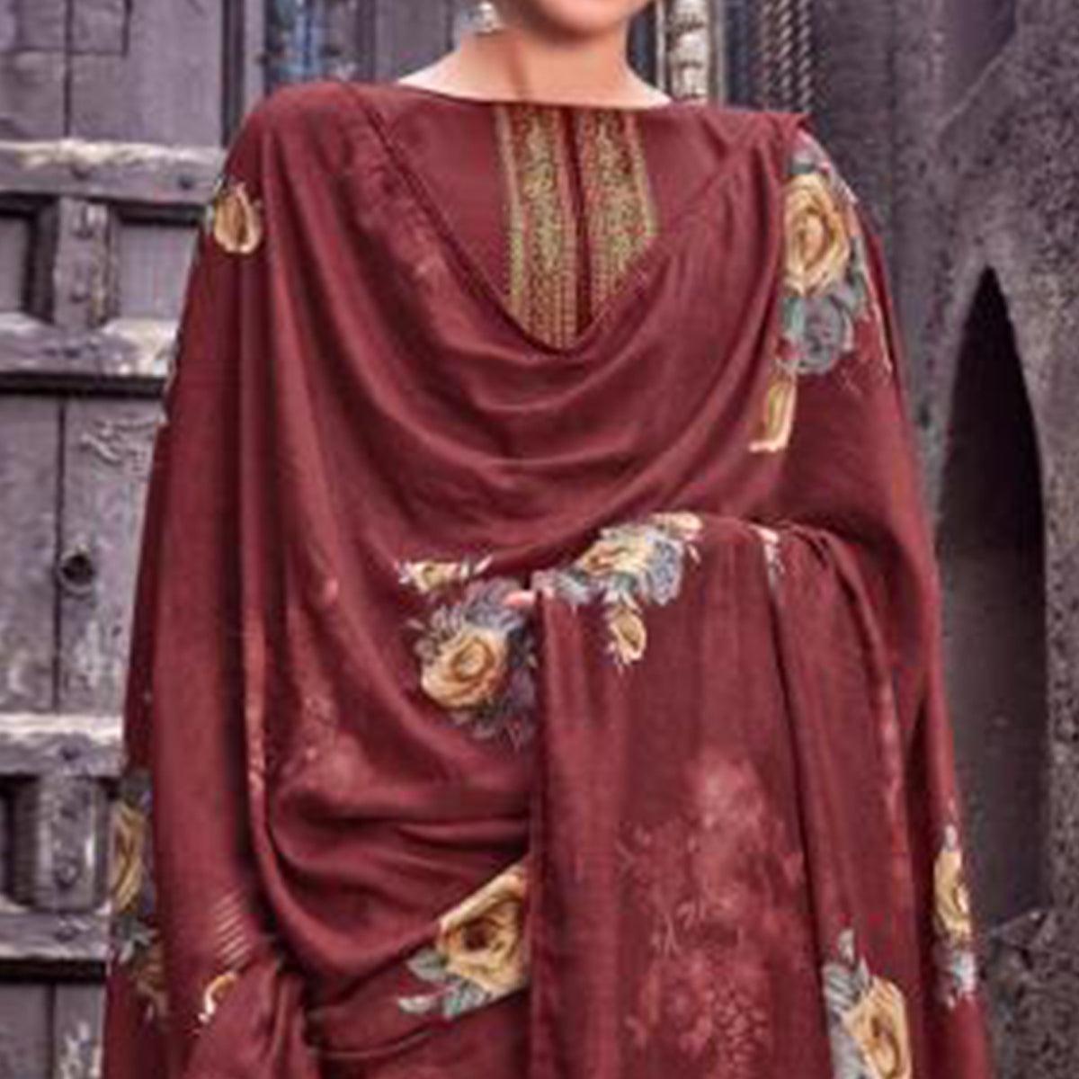 Peachmode Majesty Maroon Colored Partywear Printed Viscose Muslin Suit - view 2