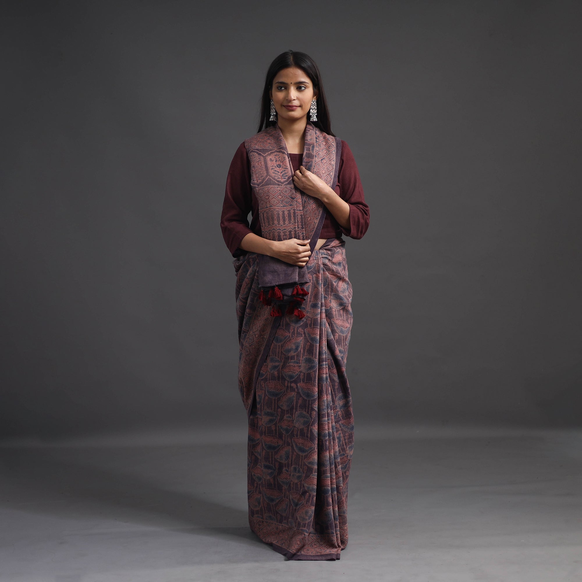 AJRAKH BY JABBAR KHATRI Brown - Merino Wool Block Print Ajrakh Saree with Tassels 06 - view 2