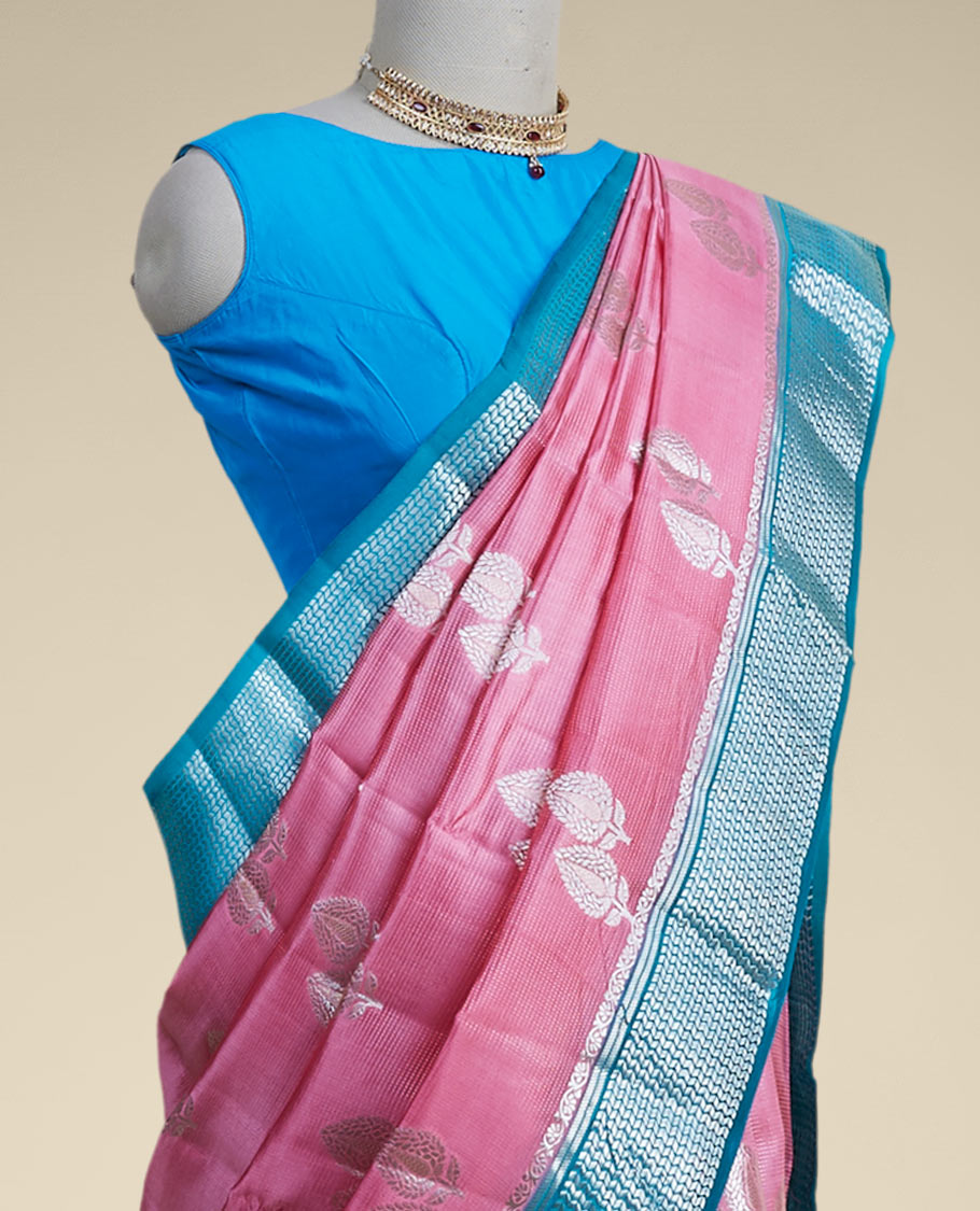 Pothys Pink leaf motifs dupion silk saree with intricate zari design border