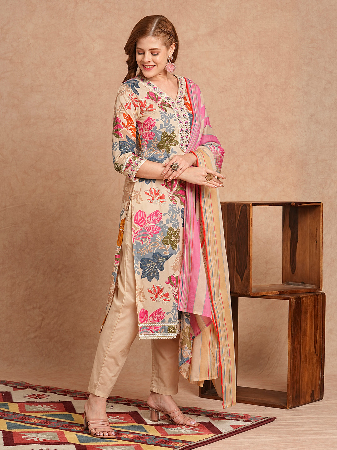 FASHOR Ethnic Floral Printed & Embroidered Straight Kurta with Pant & Dupatta - Beige - view 5