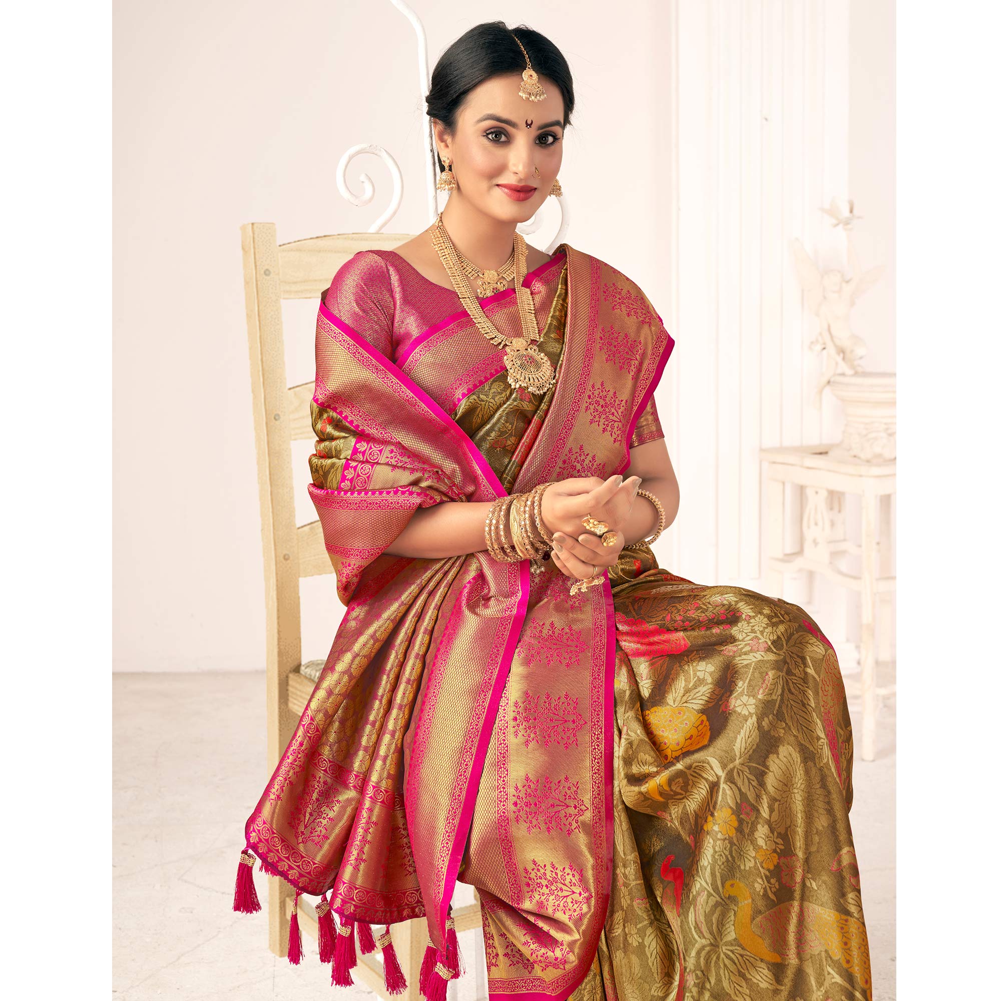 Peachmode Brown Woven Pure Silk Saree With Tassels - view 4