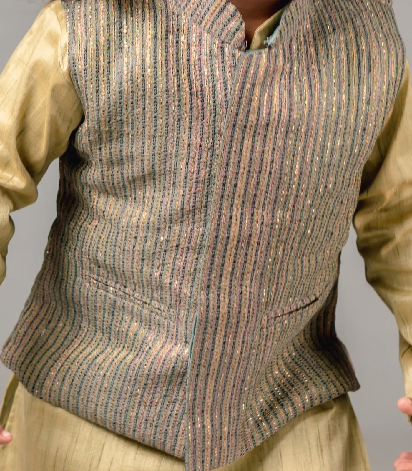 RmKV Gold – Beige Sherwani set with Nehru Jacket -Gold-1 - view 3
