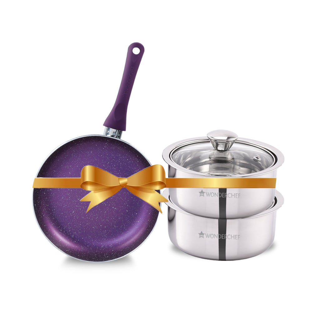 Wonderchef Orchid Fry Pan 24cm + Austin Serving Casserole Set of 2,.