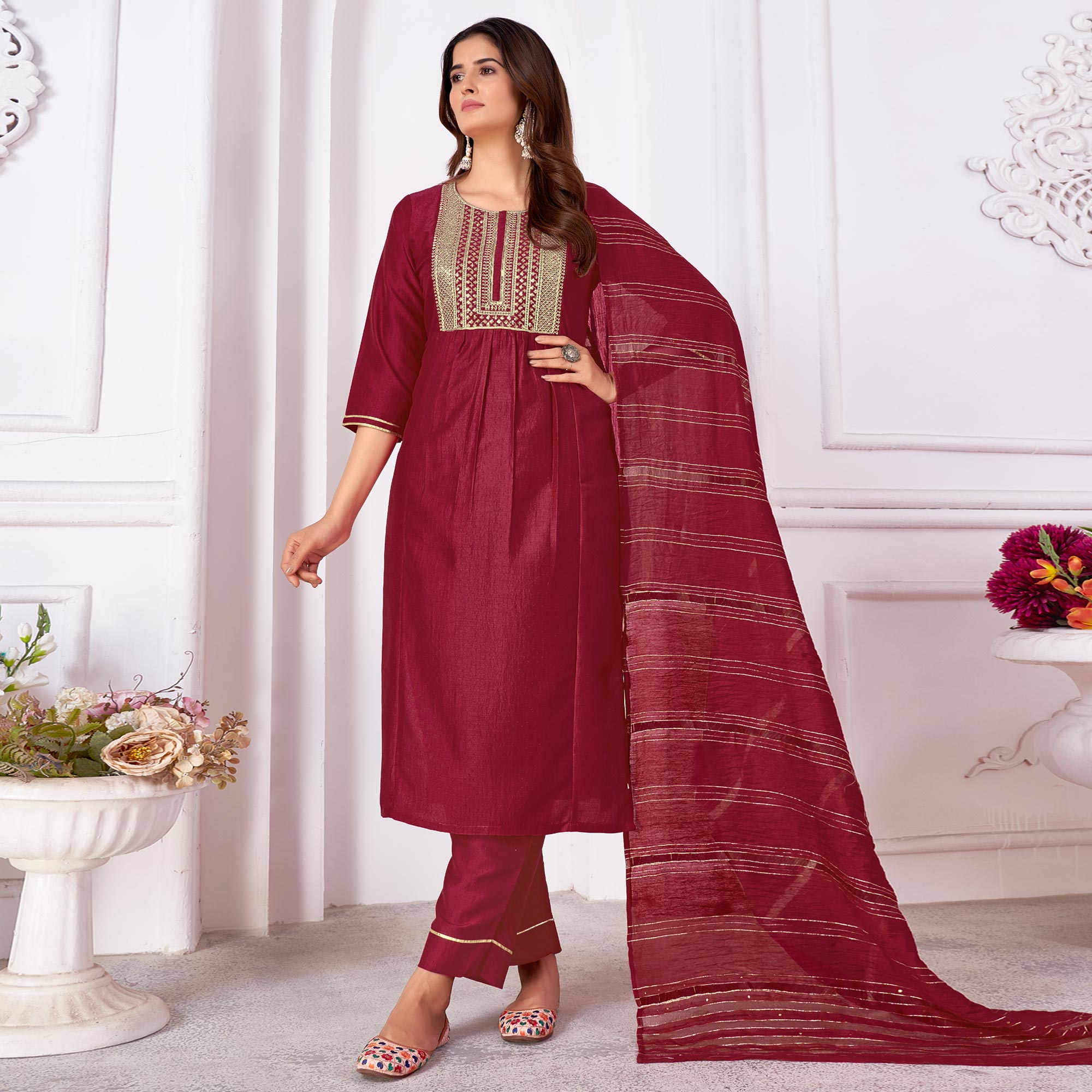 Peachmode Seller Maroon Embroidered Art Silk Salwar Suit - view 2