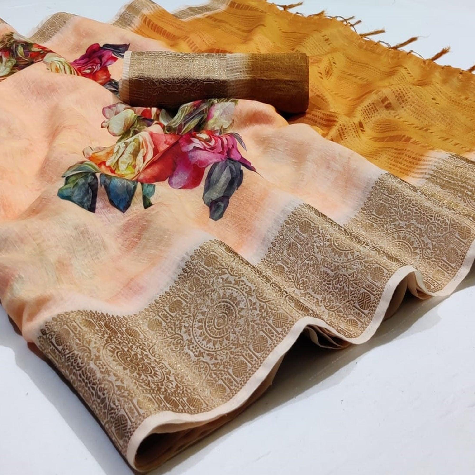 Peachmode Dazzling Light Peach Colored Festive Wear Woven Banarasi Silk Saree