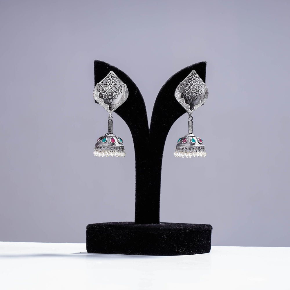 WHITE RIVER STORIES Antique Silver Finish Oxidised Brass Base Jhumki Earrings