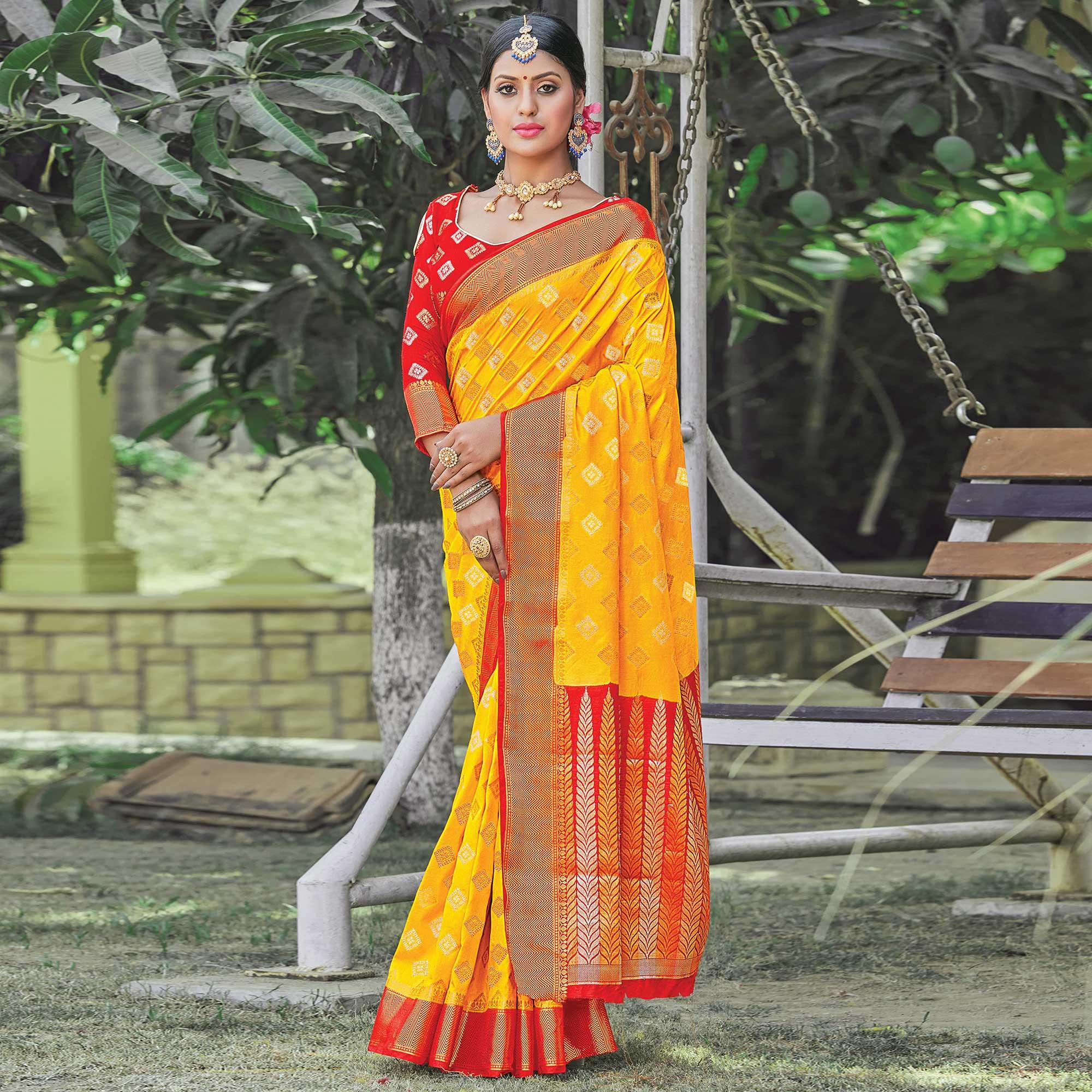 Peachmode Demanding Yellow Colored Festive Wear Woven Silk Saree