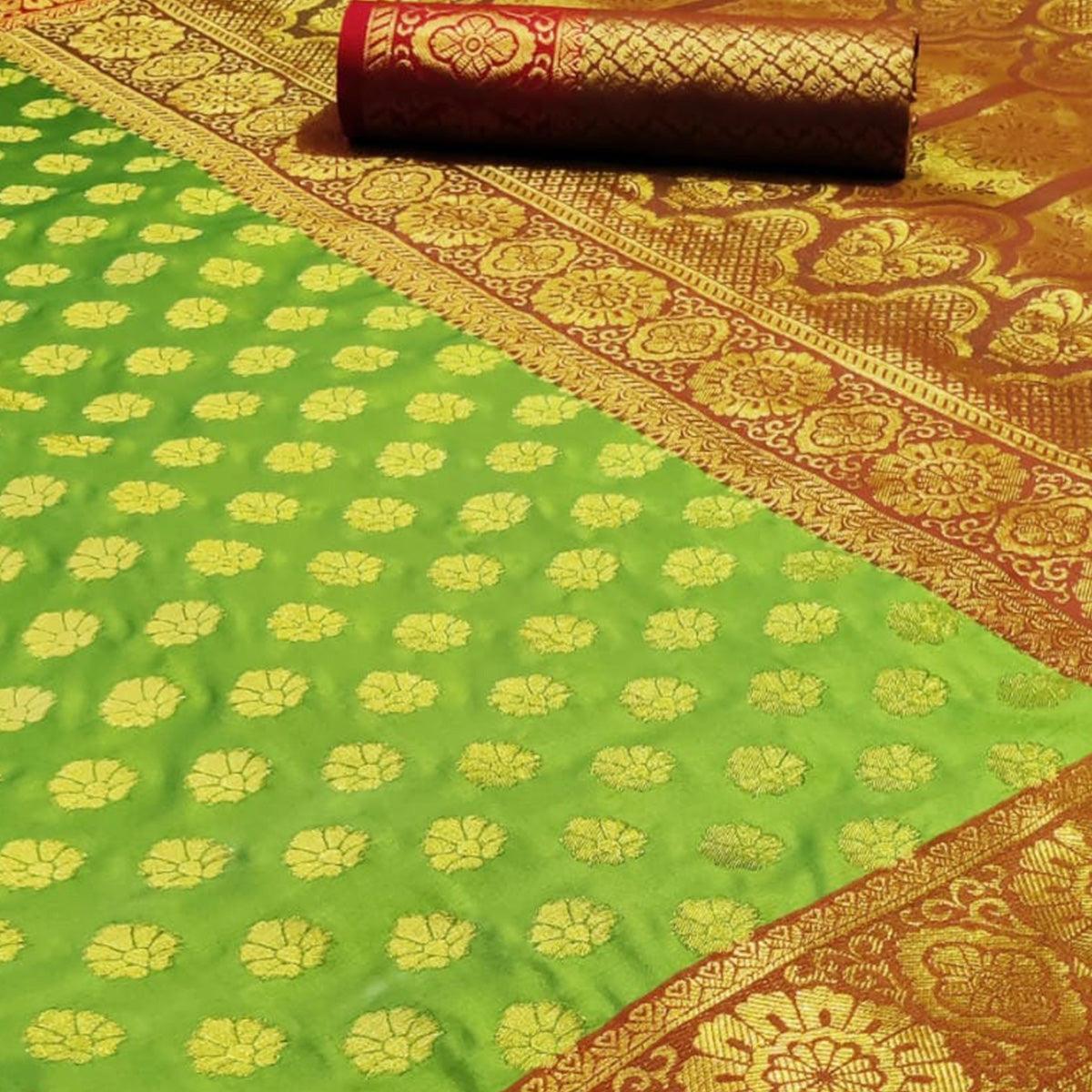 Peachmode Glowing Green Colored Festive Wear Woven Heavy Silk Saree - view 2
