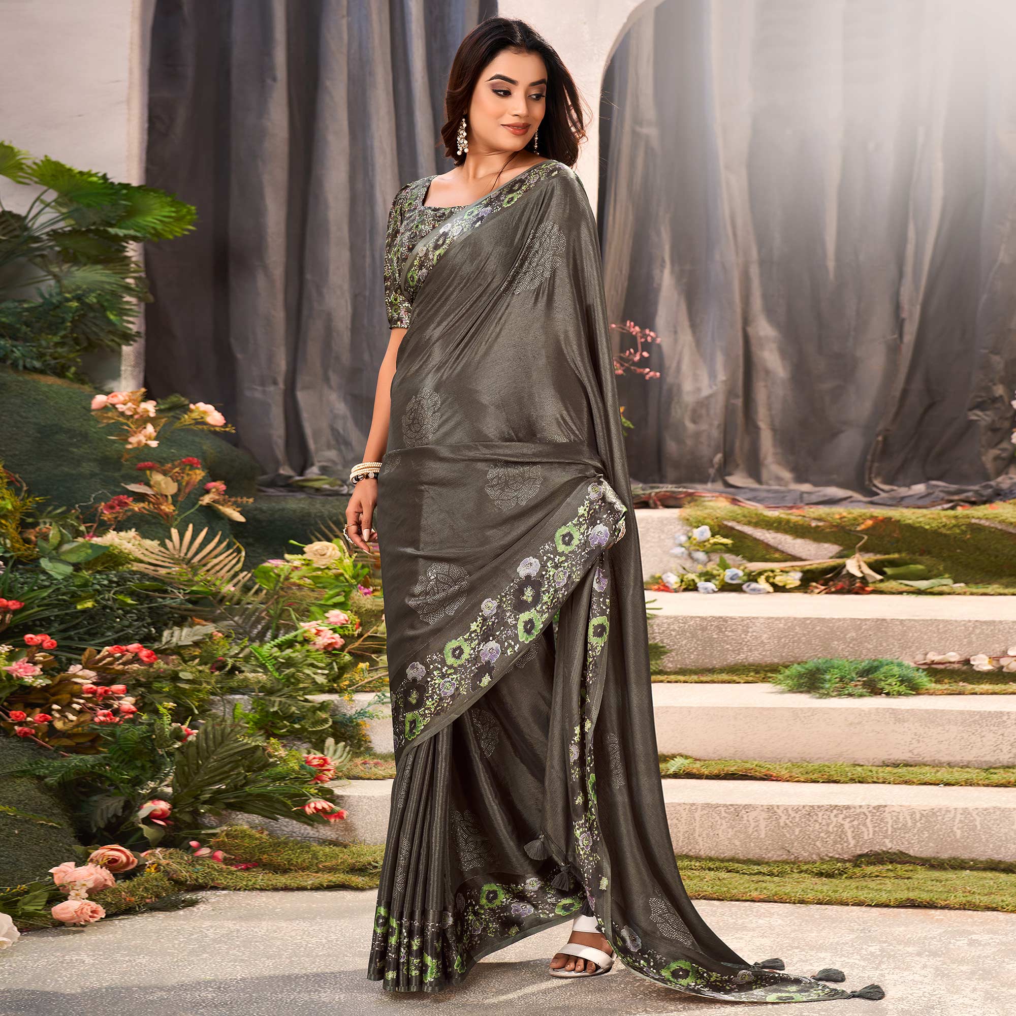 Grey sarees – BlackTree grey-floral-foil-printed-chiffon-saree-with-tassels