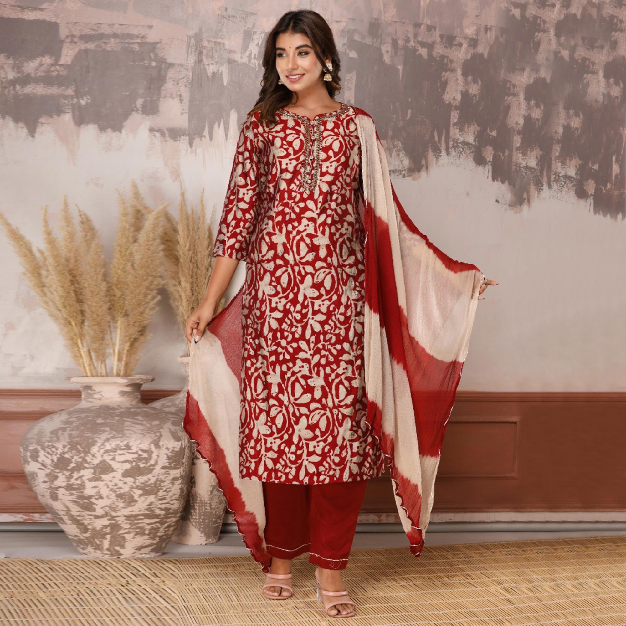 Peachmode Dark Red Floral Printed Muslin Salwar Suit - view 2