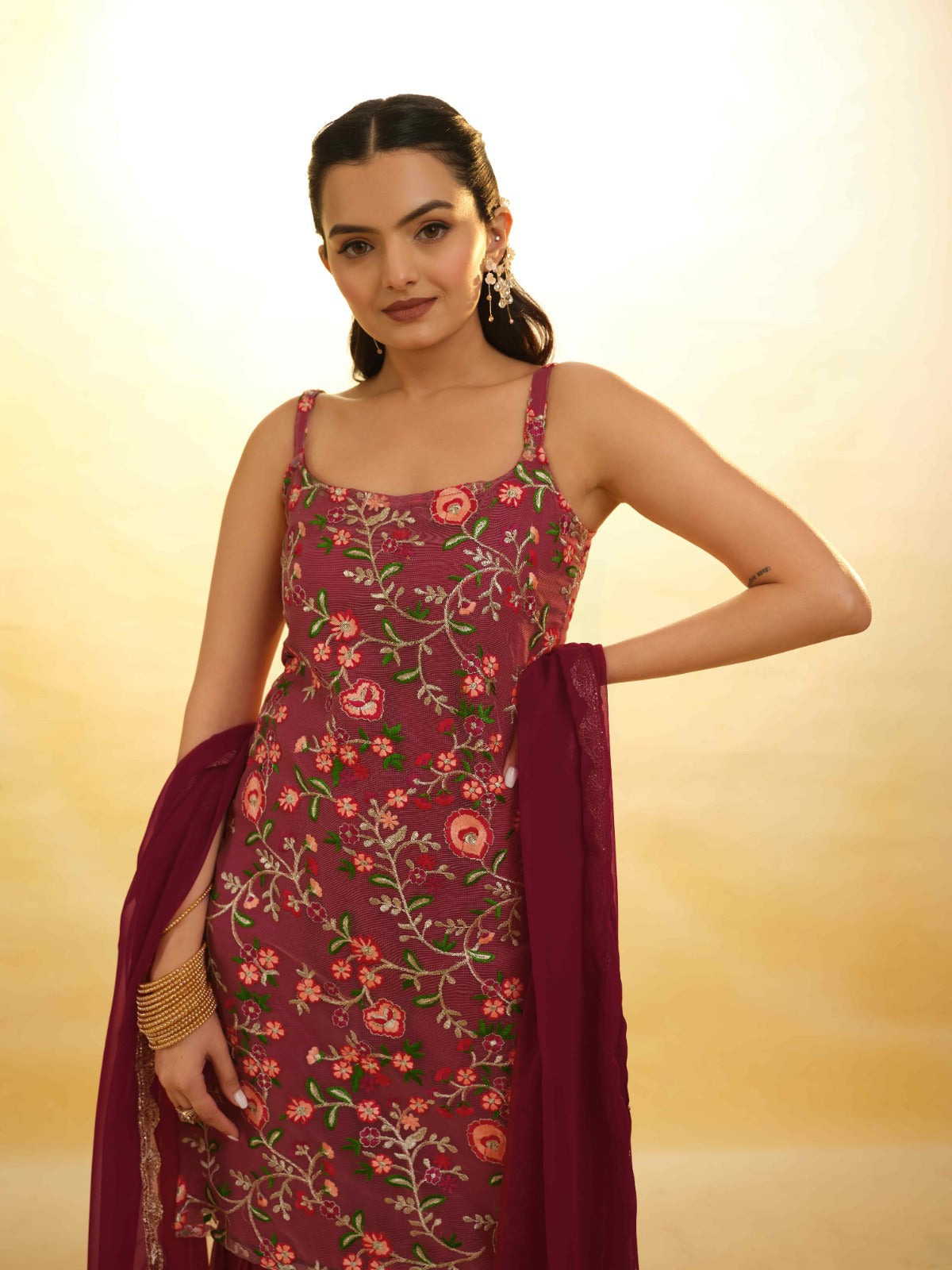 ClothsVilla Maroon Georgette Suit with Embroidery and Shantoon Bottom - view 5