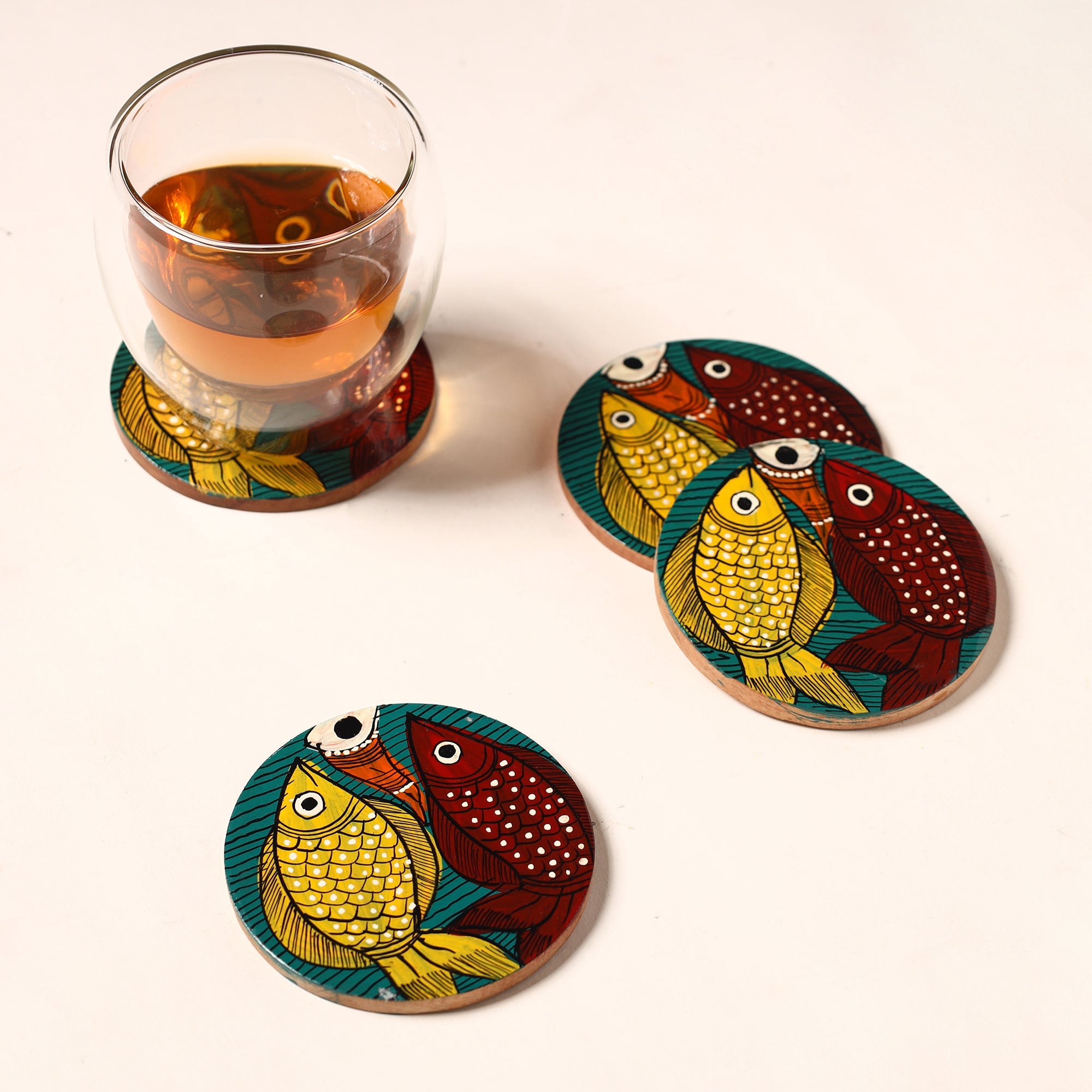 ITOKRI CRAFTS INITIATIVE Bengal Patua Handpainted Akashmoni Wooden Coasters (Set of 4) 08