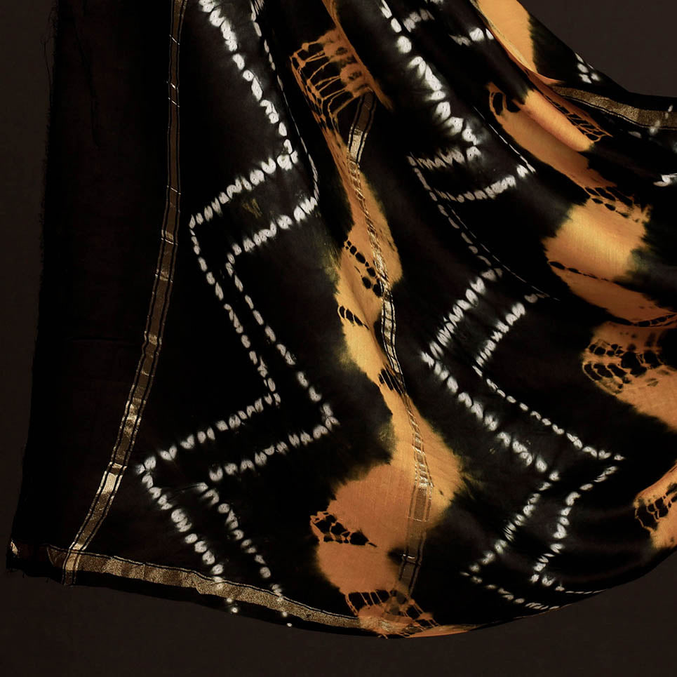 ARTISAN HAND BLOCK PRINTS Black - 3pc White & Yellow Miura Shibori Tie-Dye Chanderi Silk Suit Material Set - view 4