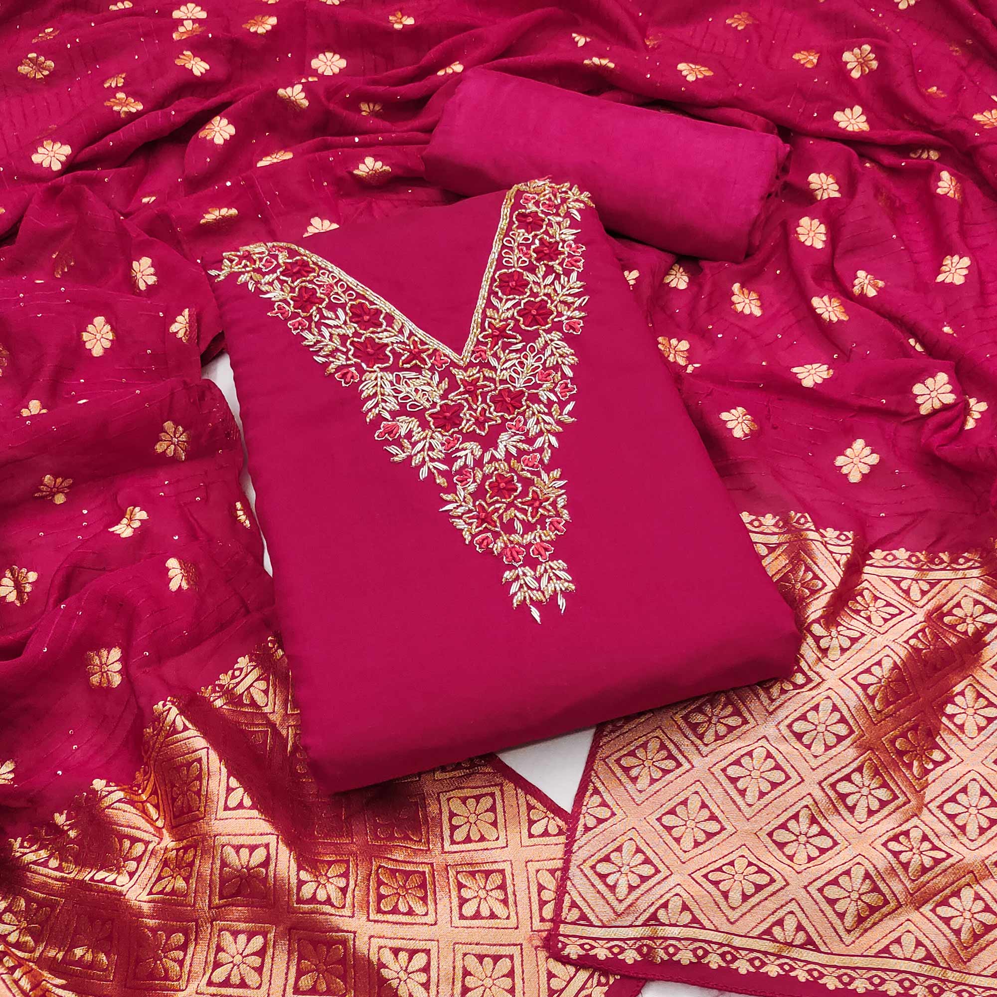Peachmode Pink Beads Embroidered Viscose Dress Material