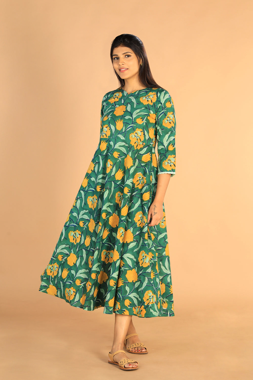 Kalanjali Ethnics Floral Sanganeri hand block printed cotton dress - view 5
