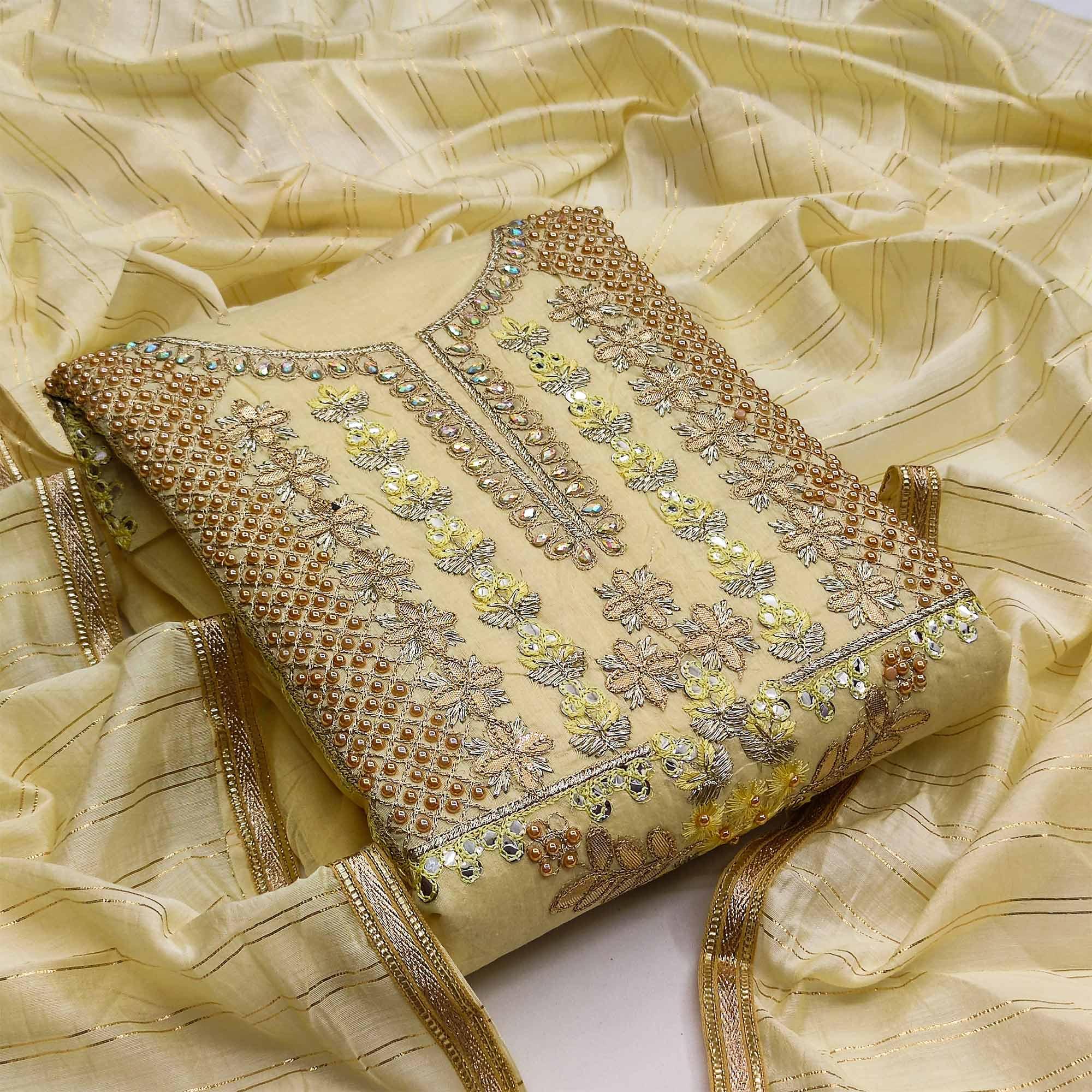 Peachmode Light Yellow Casual Wear Floral Embroidery With Hand Work Modal Chanderi Dress Material