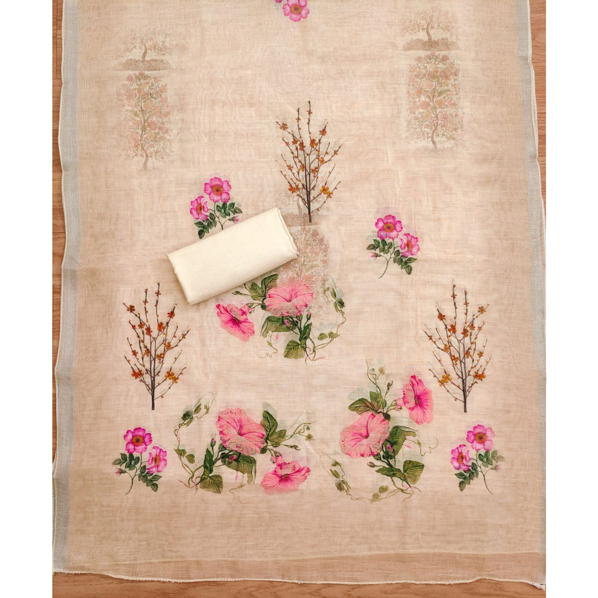 Peachmode Cream Sequins Embroidered Chanderi Silk Dress Material - view 5