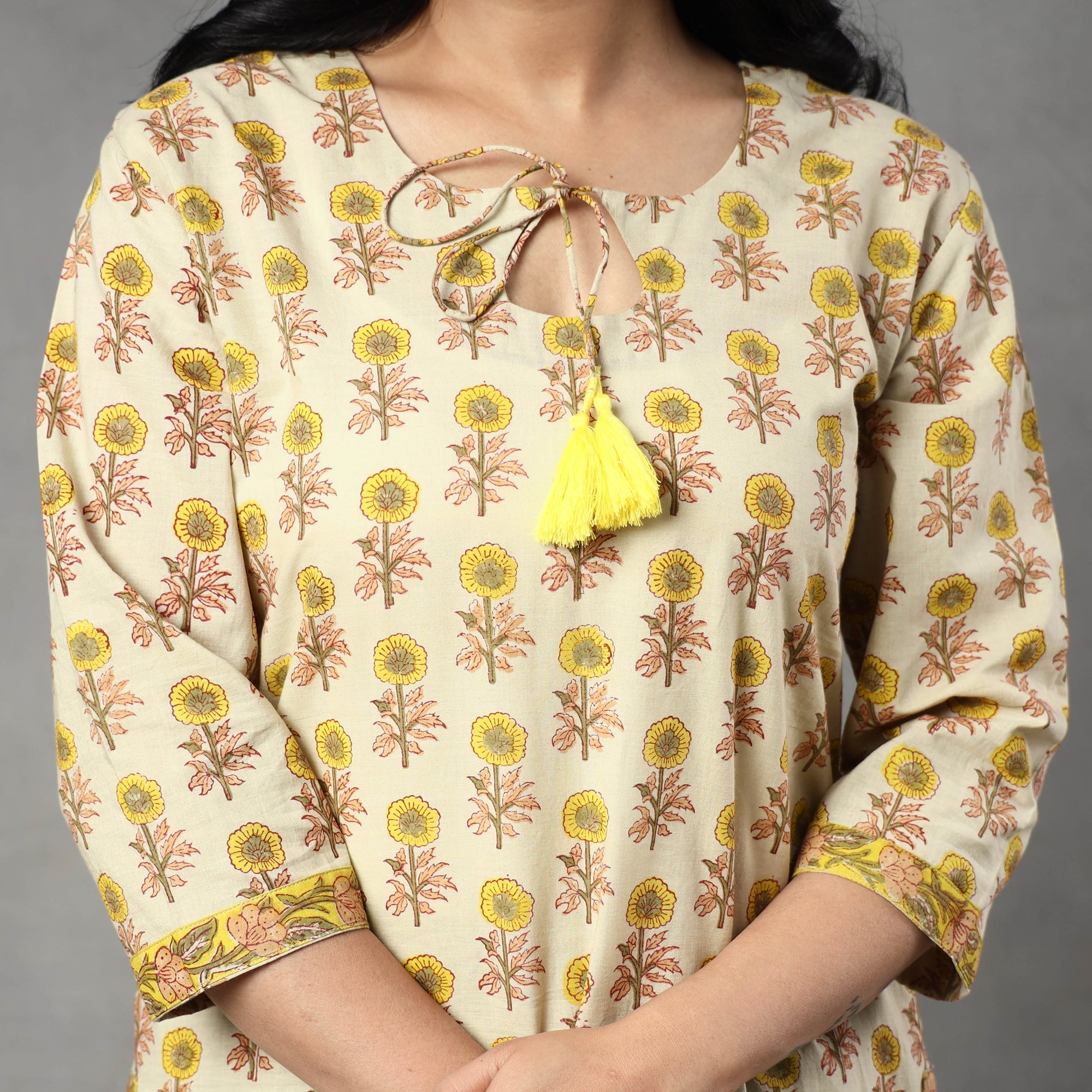 ITOKRI CASUALS Beige - Sanganeri Block Printing Cotton Kurta with Palazzo & Dupatta Set - view 5