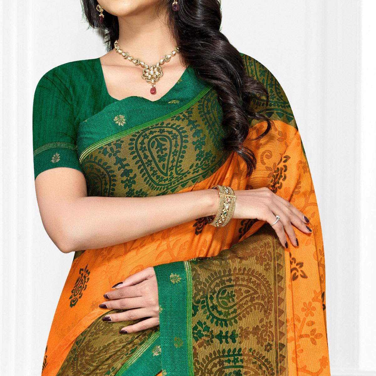 Peachmode Light Orange Casual Wear Printed Brasso Chiffon Saree - view 2