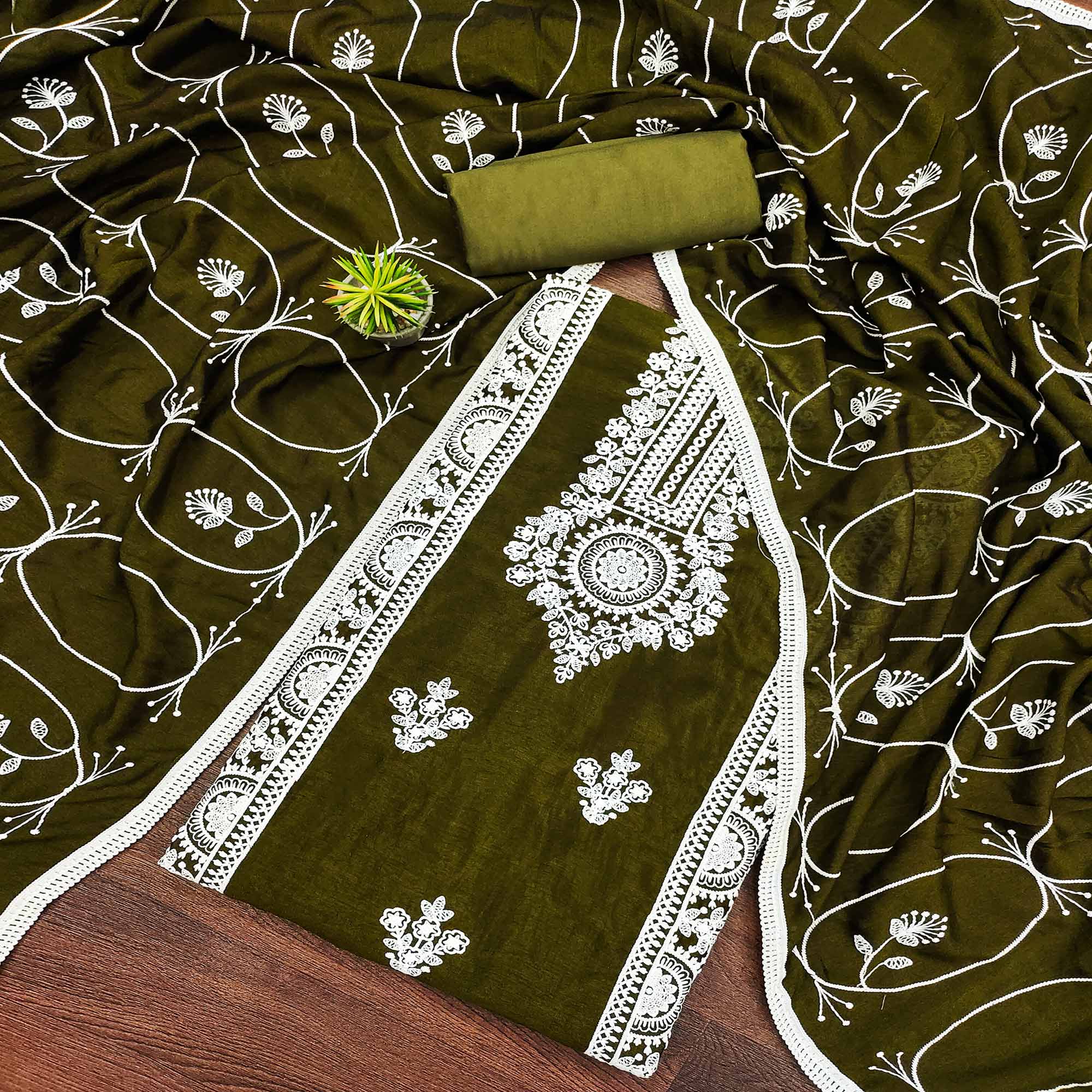 Peachmode Mehendi Green Floral Embroidered Vichitra Silk Dress Material