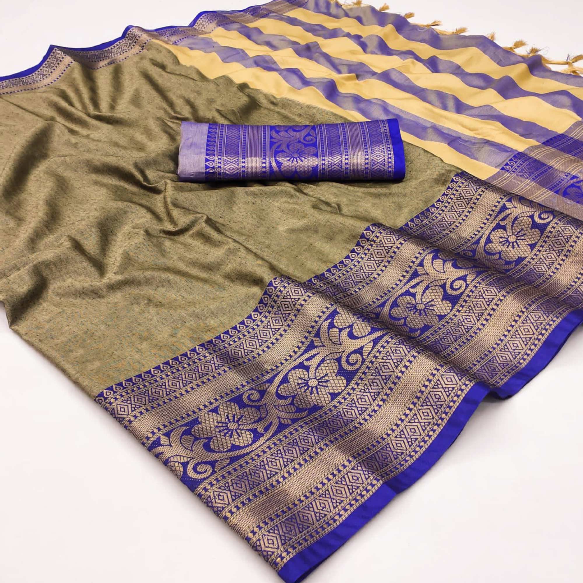 Peachmode Chikoo Floral Woven Cotton Silk Saree With Tassels