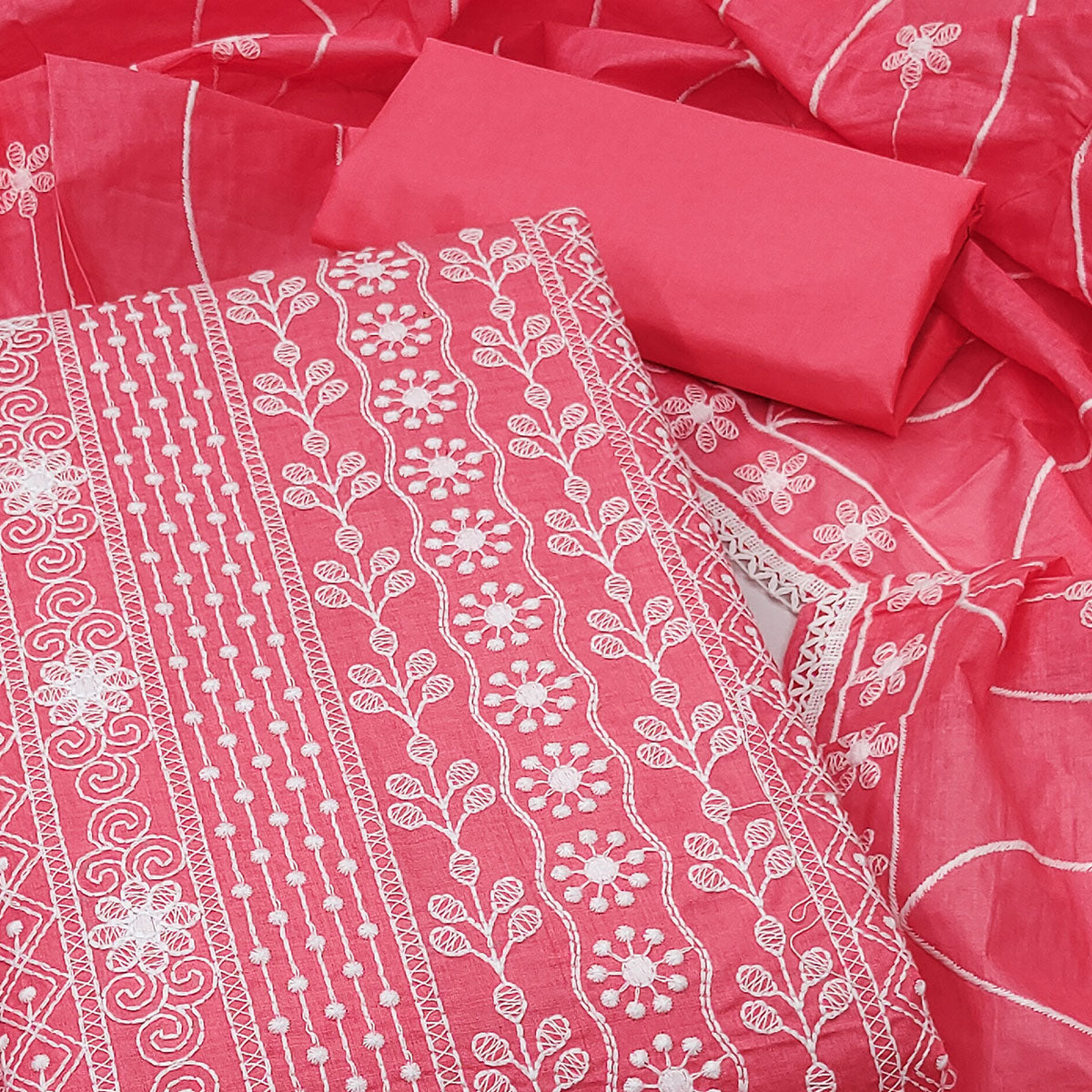 Peachmode Gajari Pink Floral Embroidered Pure Cotton Dress Material - view 2