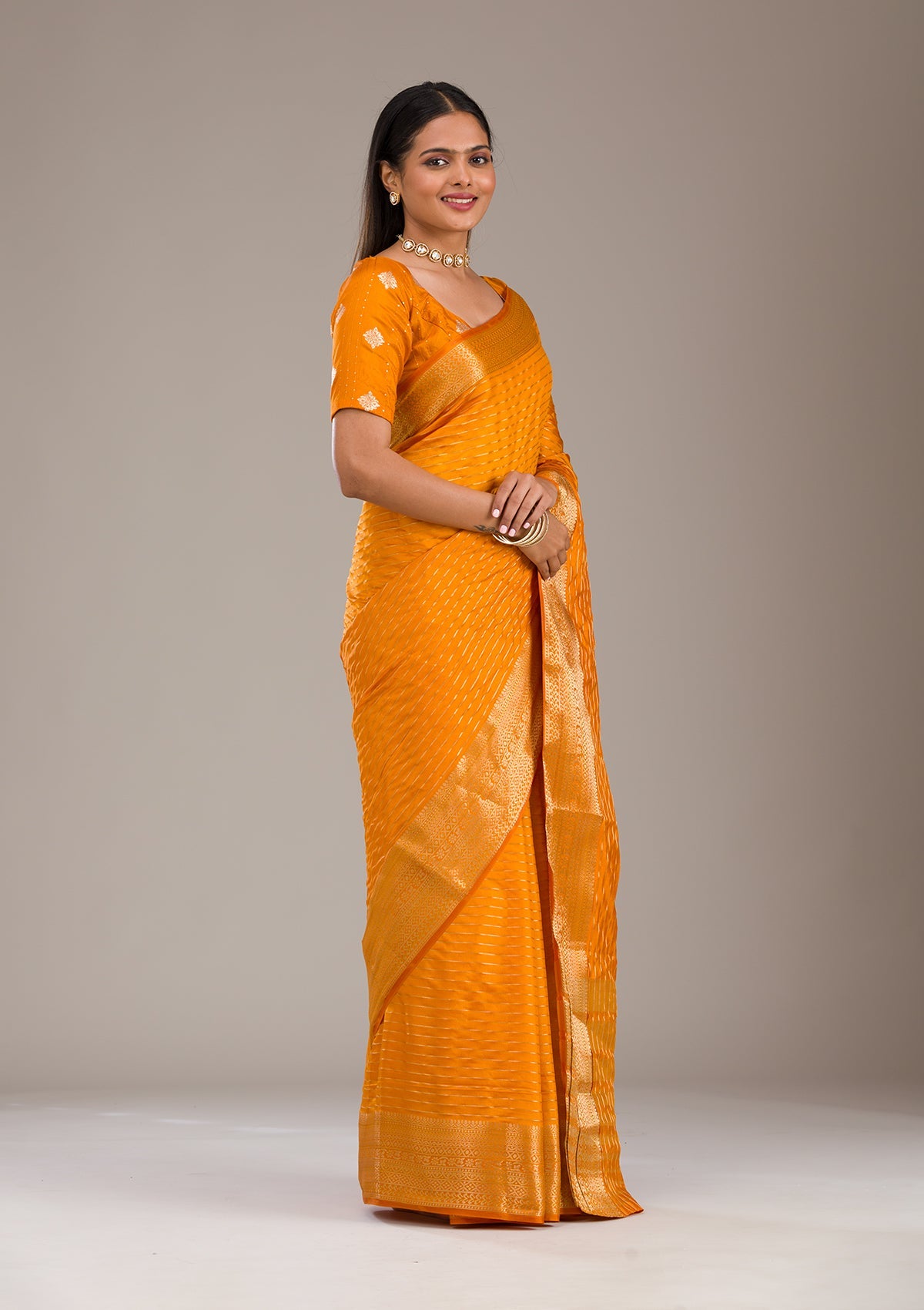 Koskii Orange Zariwork Soft Silk Saree – Women's - view 6