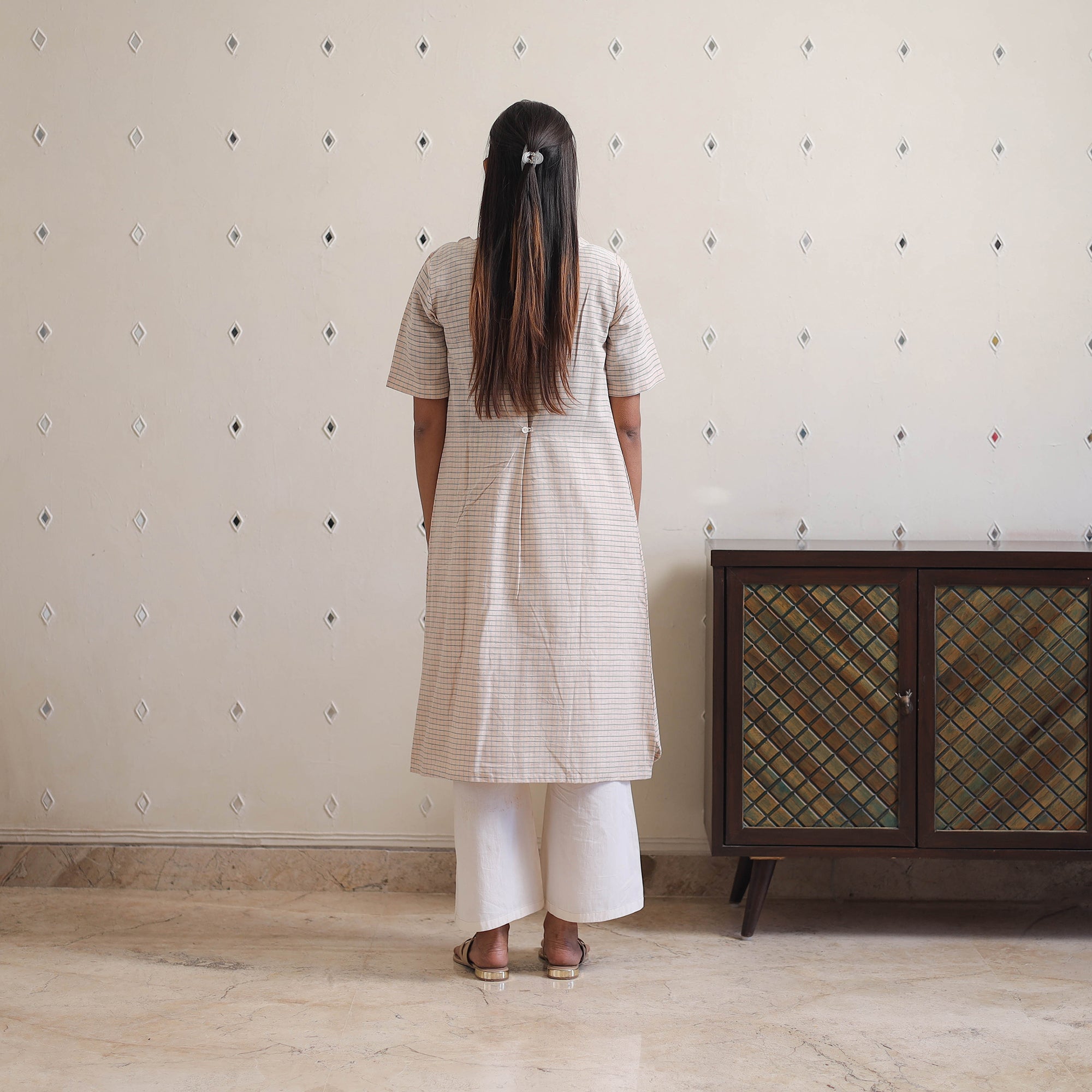 CREYO Beige - Handwoven Front Tuck Checks Cotton Kurta 30 - view 4