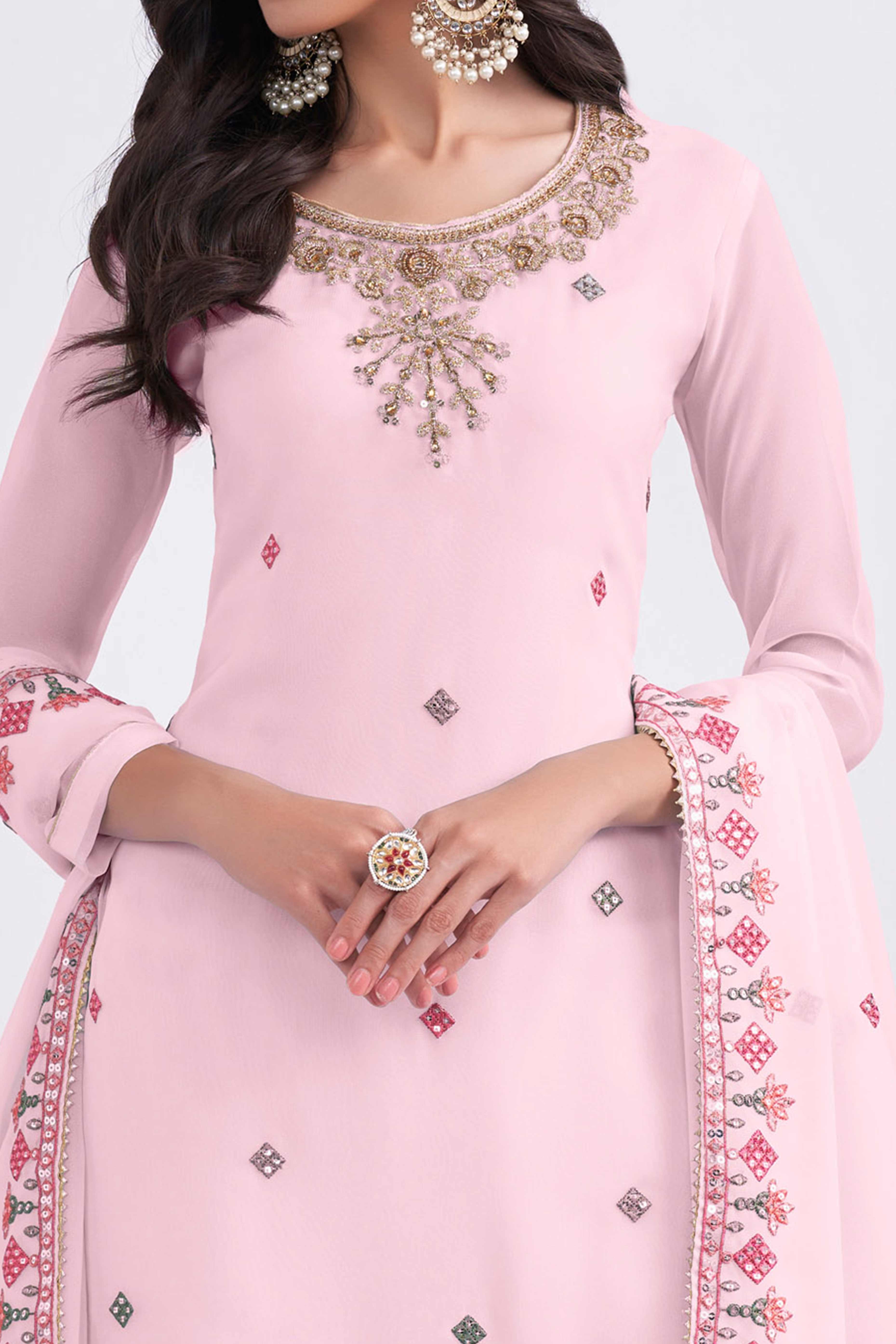 Peachmode Seller Light Pink Sequins Embroidered With Stonework Georgette Semi Stitched Suit - view 2